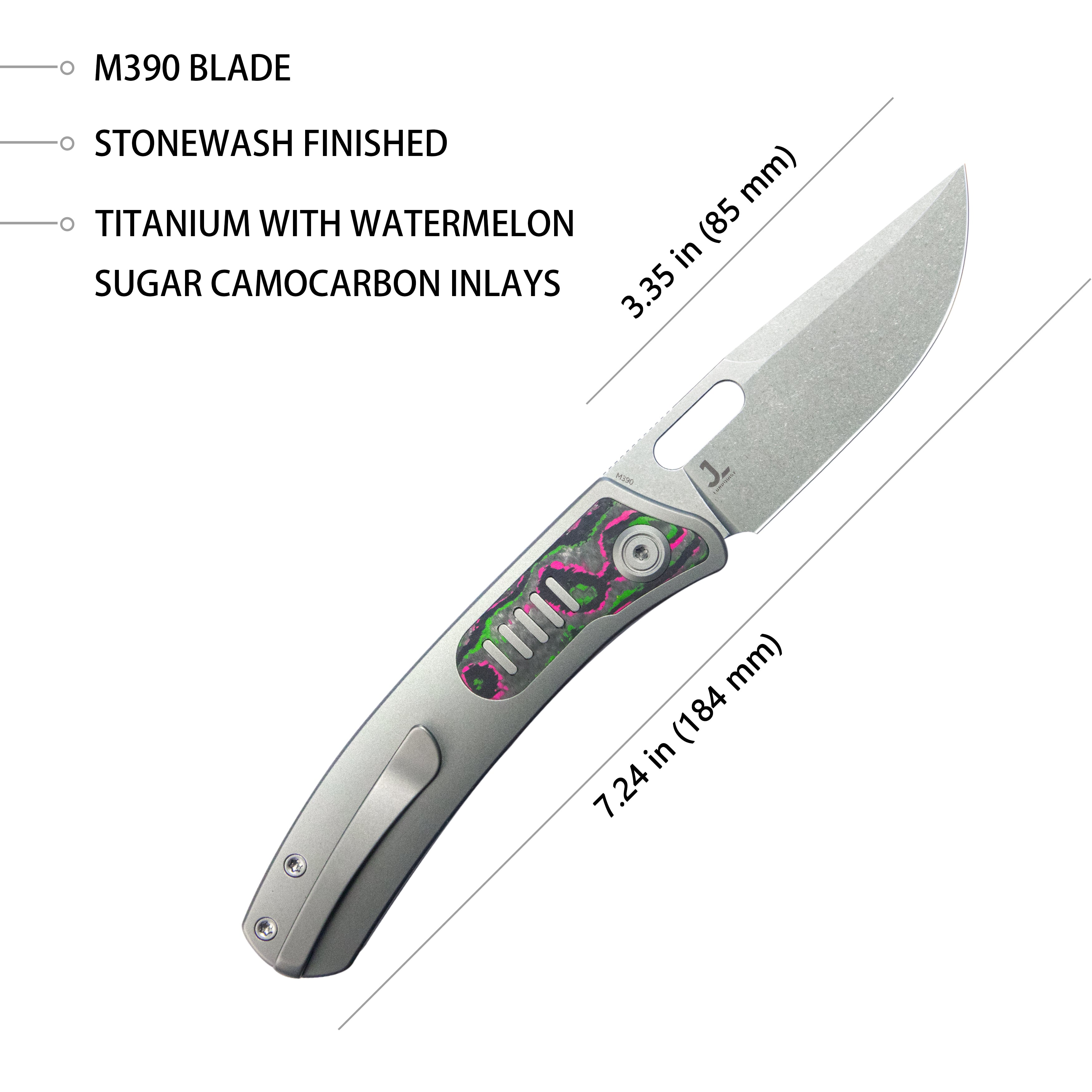 Common Thread Liner Lock Folding Knife Gray Ti w/ Watermelon Sugar CF Inlays 3.35'' M390 Blade KB377B