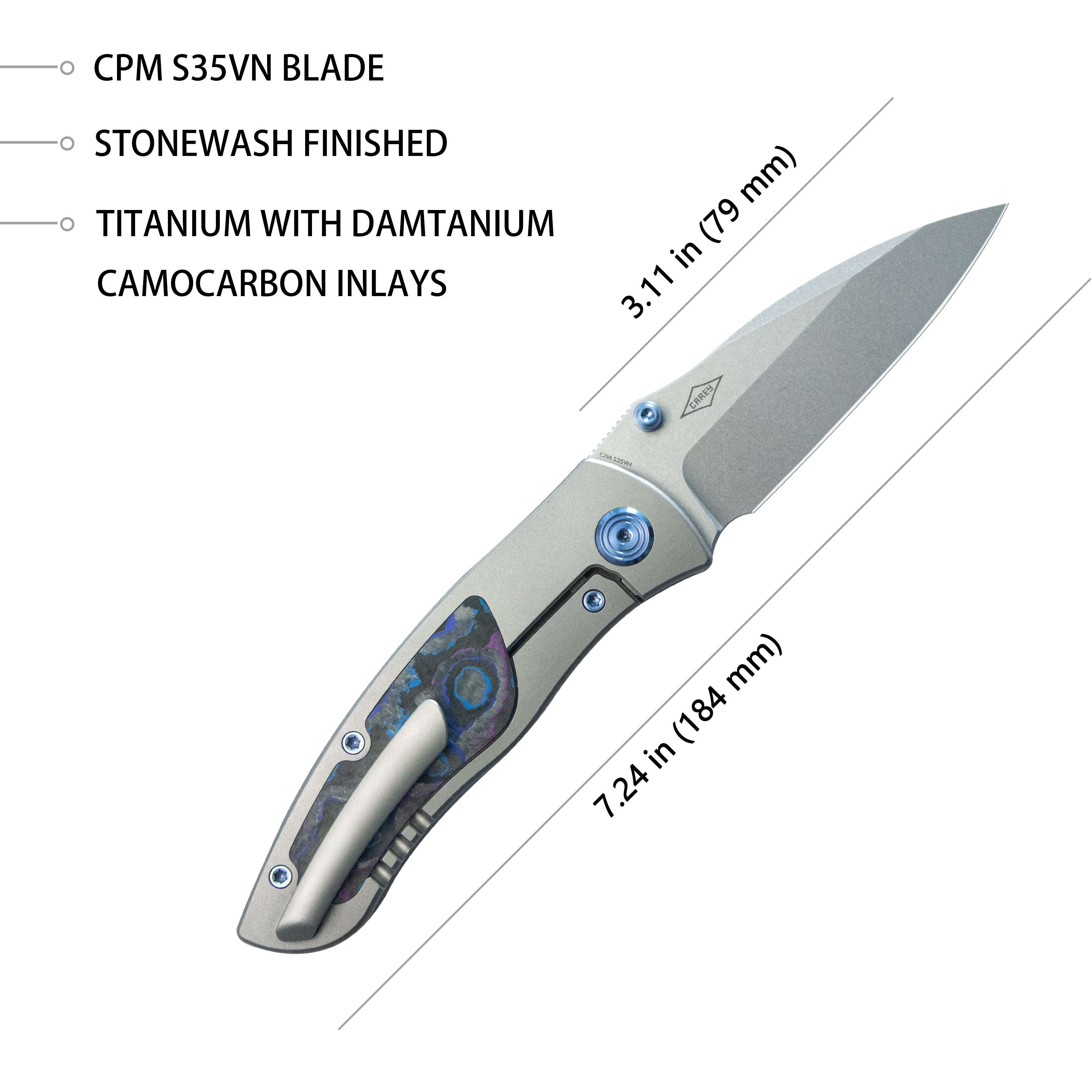 Vertigo Frame Lock Folding Knife Gray Ti w/ Damtanium CF Inlays 3.11" Stonewash S35VN Blade KB258C