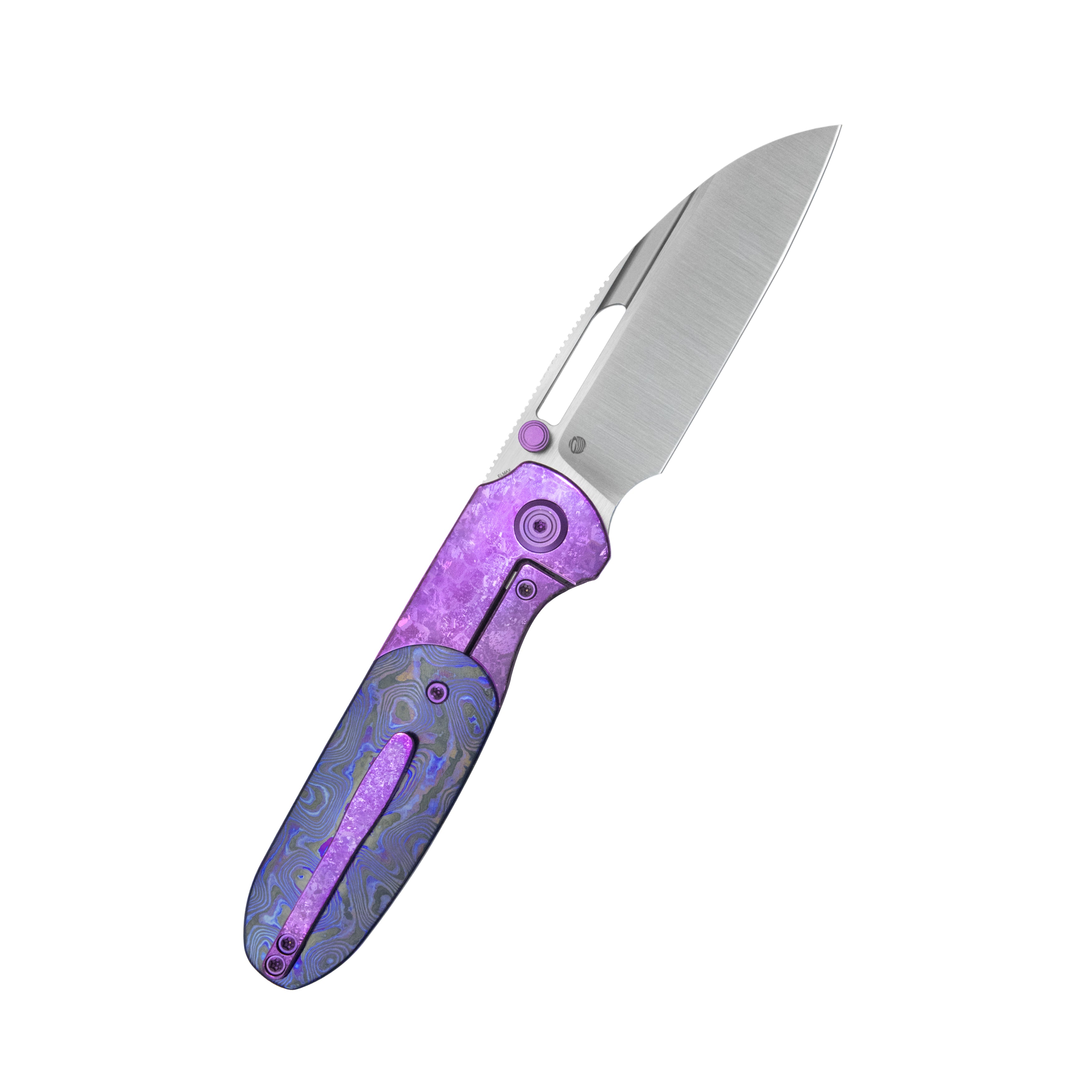 KB Icicle Pocket Folding Knife Frame Lock Purple Crystallized Titanium with Zircuti Inlays 3.50" Belt Satin M390 Blade KB432D