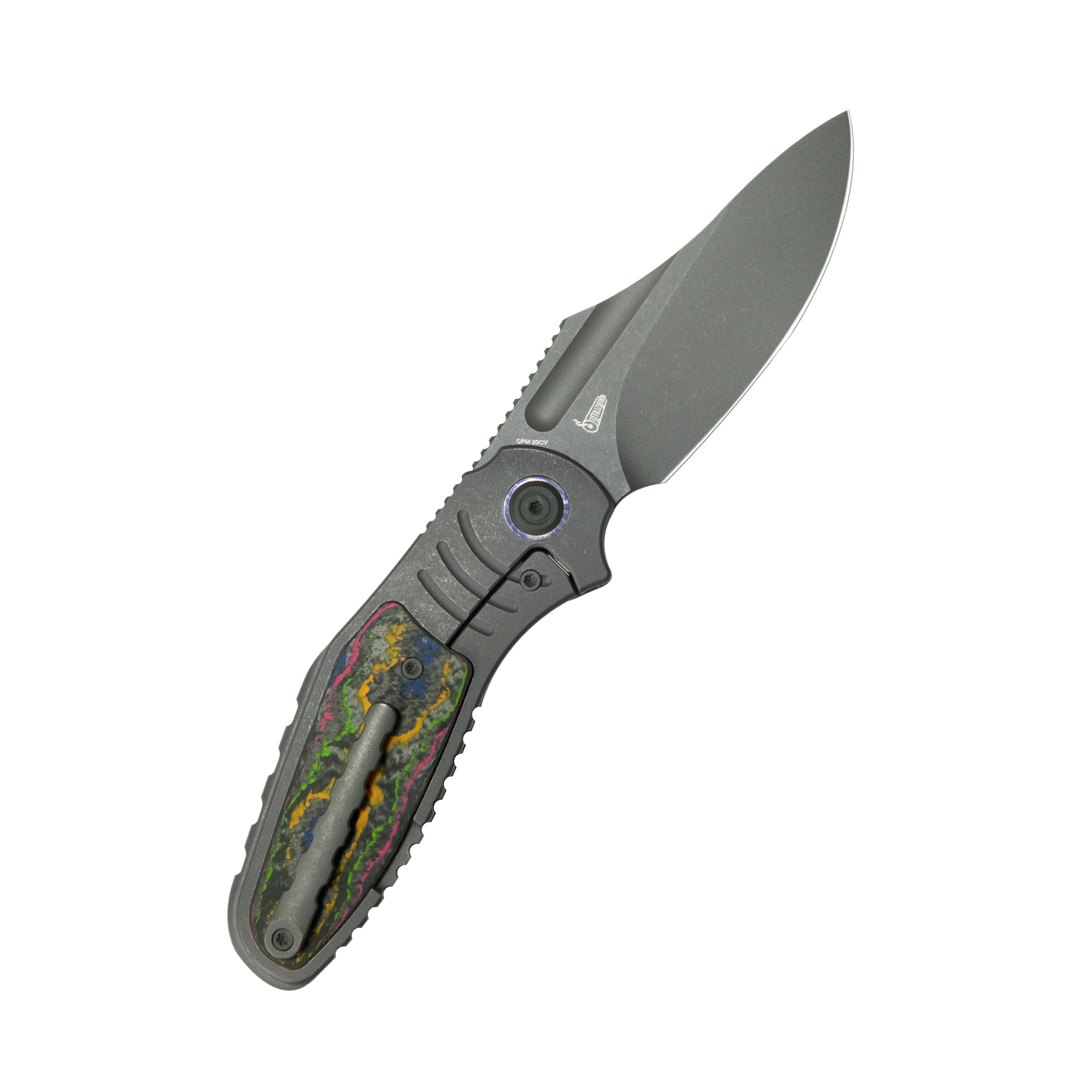 KB Stroller Folding Knife Gray Titanium/CF Inlays Handle 3.35" Darkwash CPM 20CV Blade KB384B