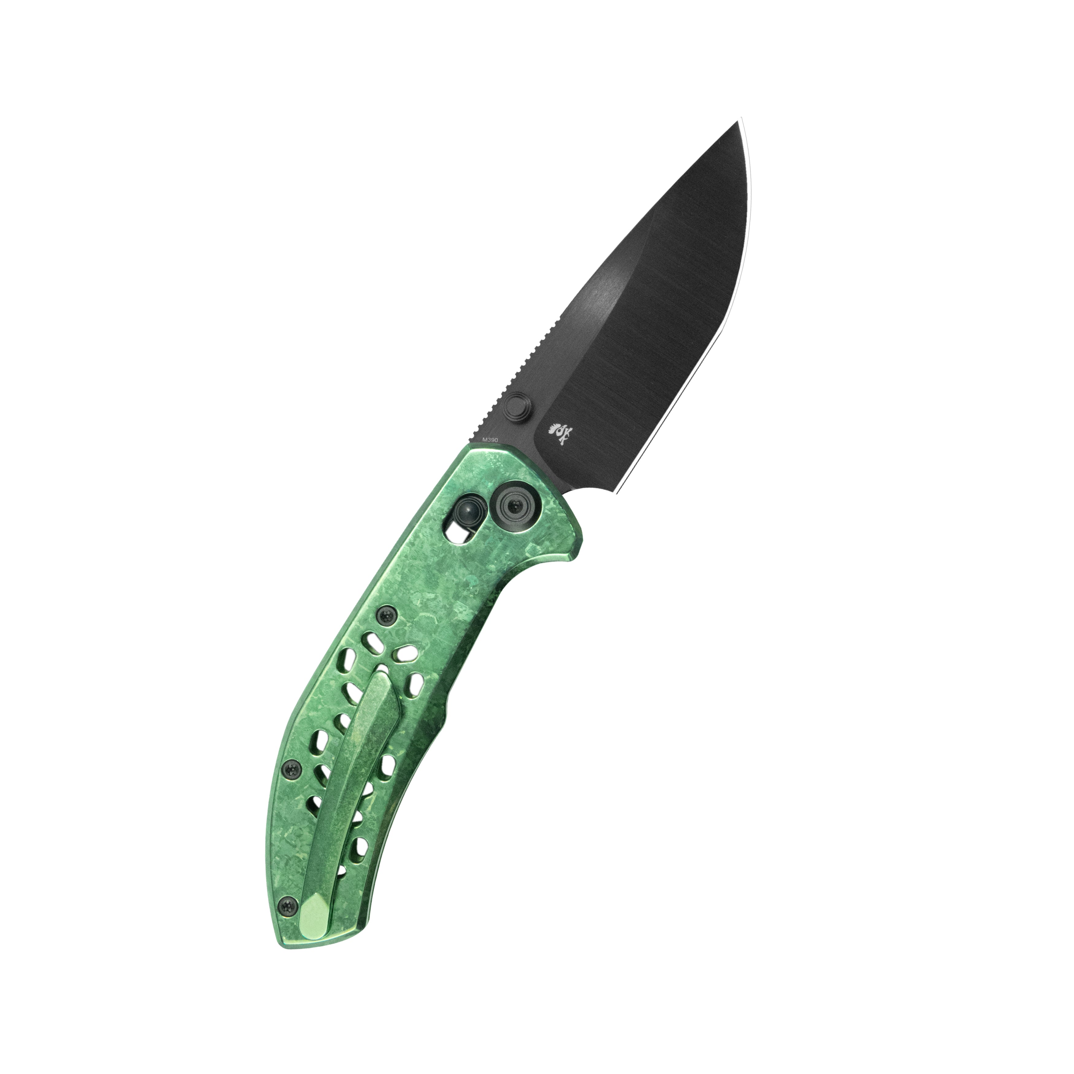 KB Trillium Folding Knife Green Ano Crystal Ti Handle 3.11'' DLC Belt Satin M390 Blade KB326D