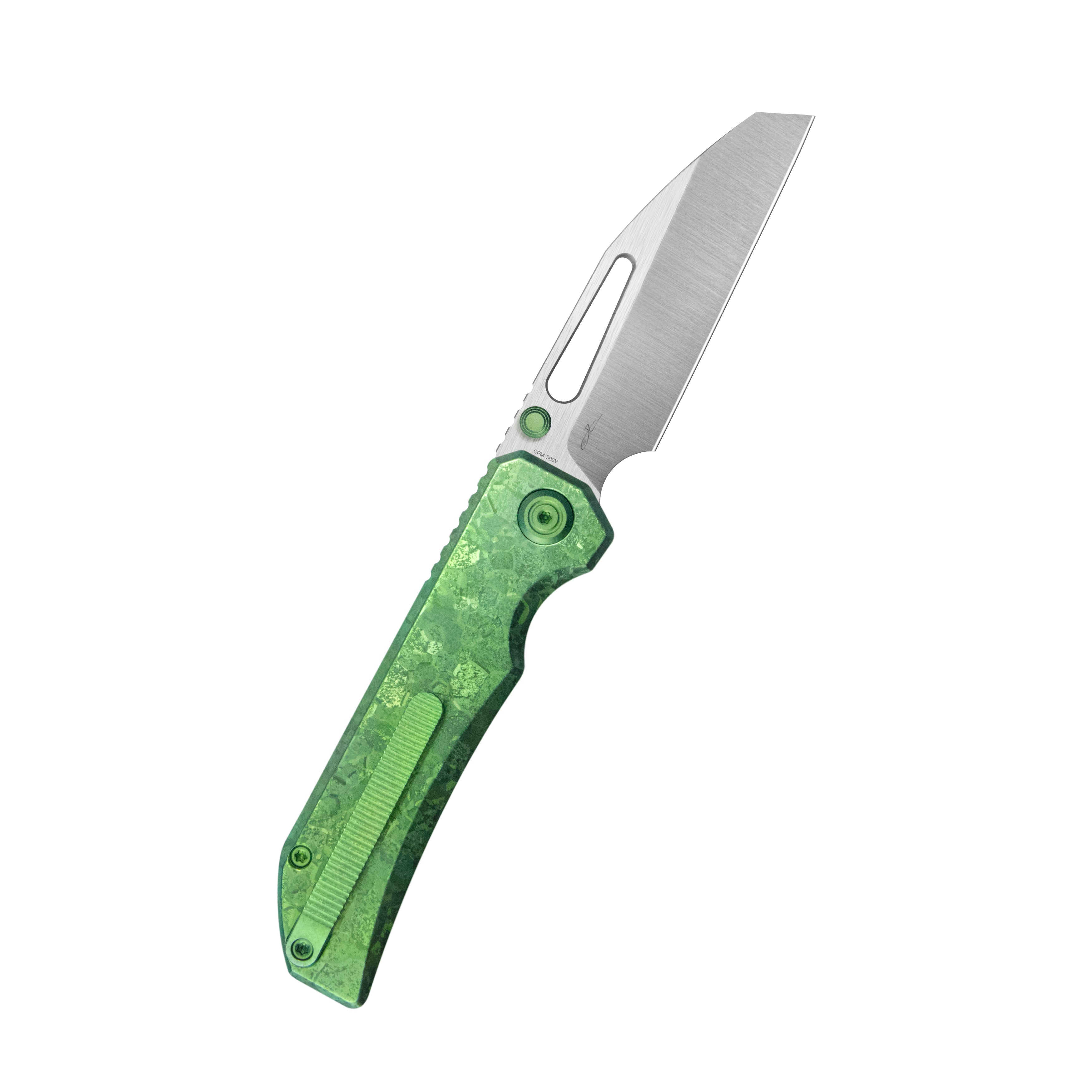 KB Venom Top Liner Lock Pocket Folding Knife Green Ano Crystal Ti 3.46" Belt Satin CPM S90V Blade KB435F