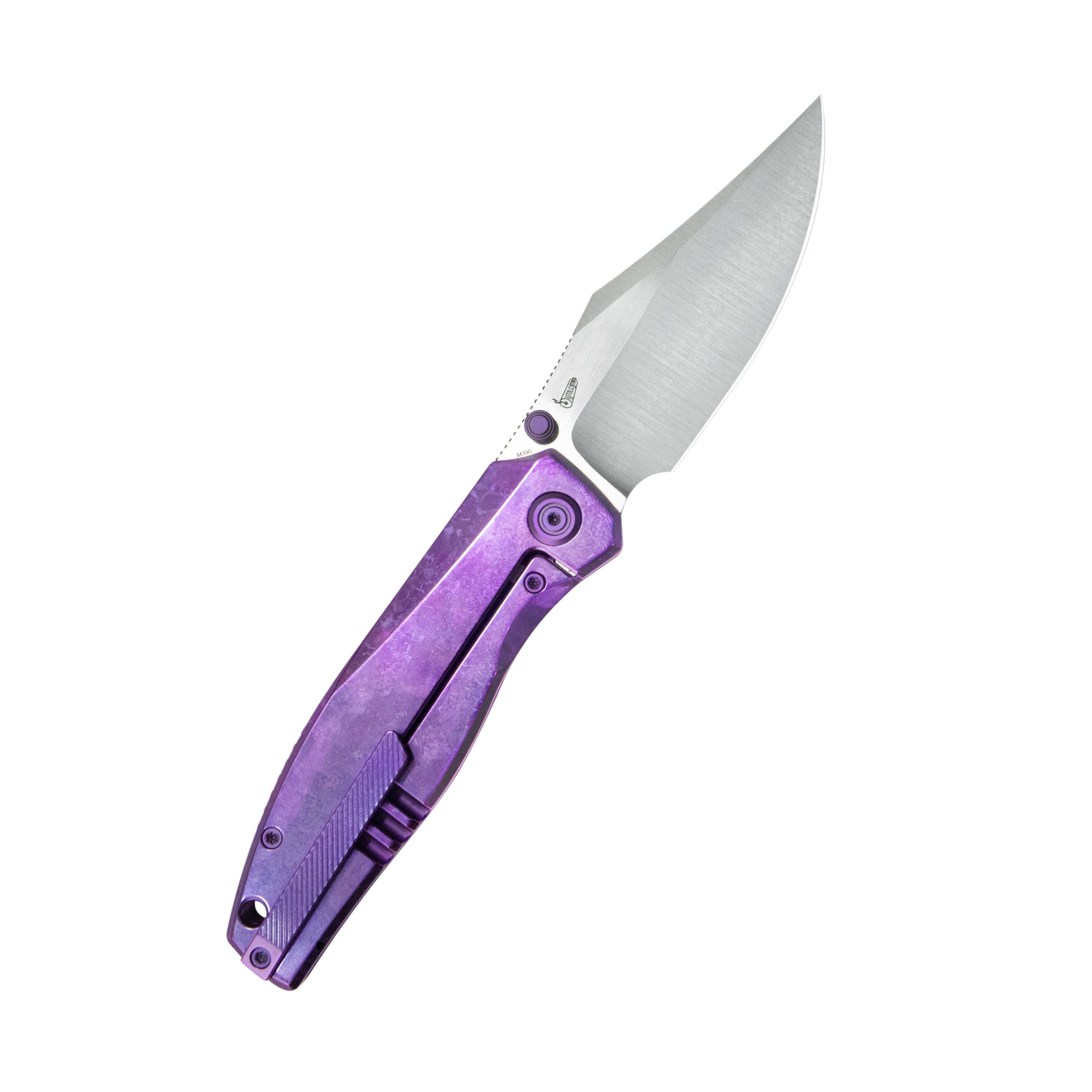 KB Classico Frame Locking Folding Knife Purple Crystallized Titanium Handle 3.38" Belt Satin M390 Blade KB478D