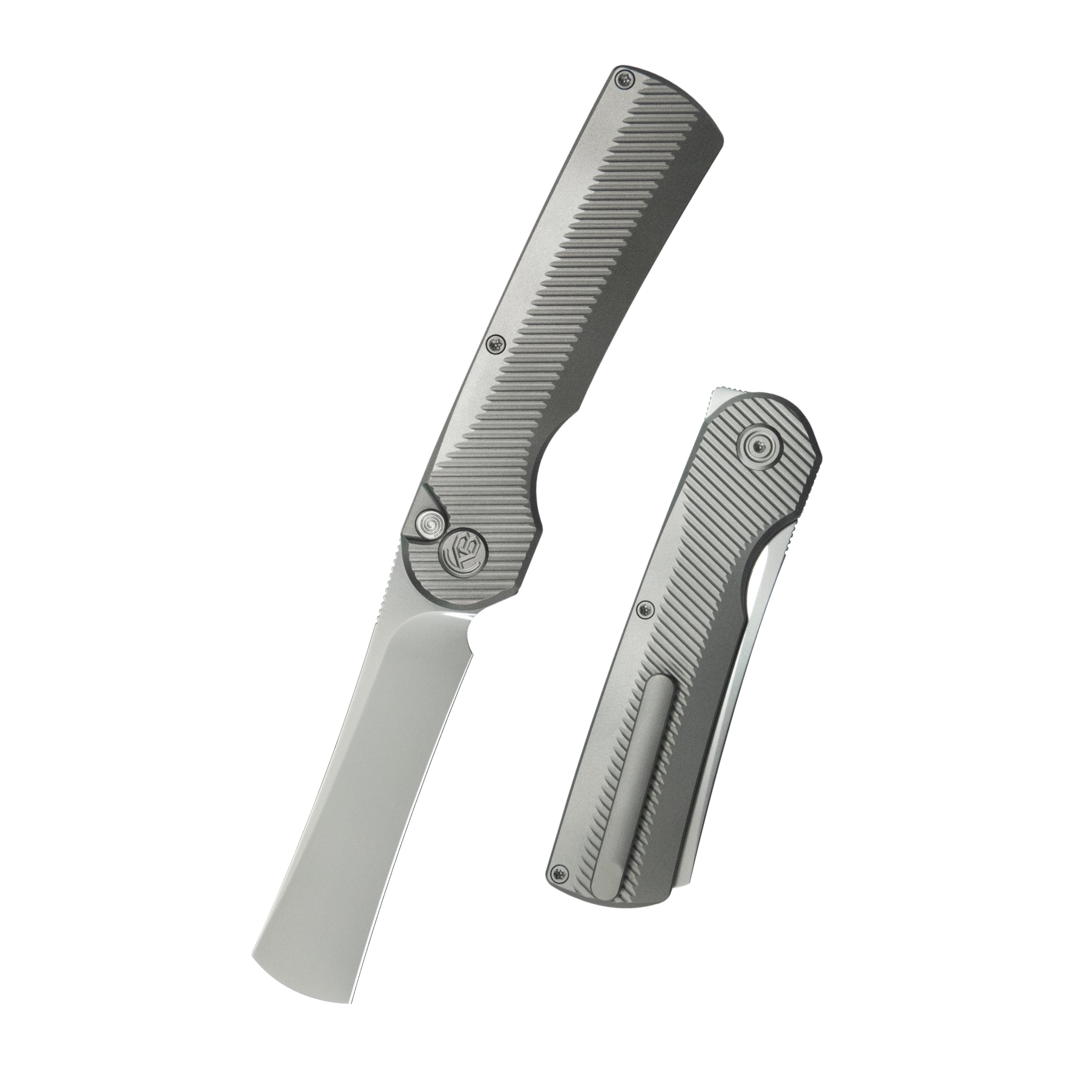 KB Ikul Button Lock Folding Knife Gray Titanium Micro Milling 3.34'' Razor Bead Blasted M390 Blade KB380A