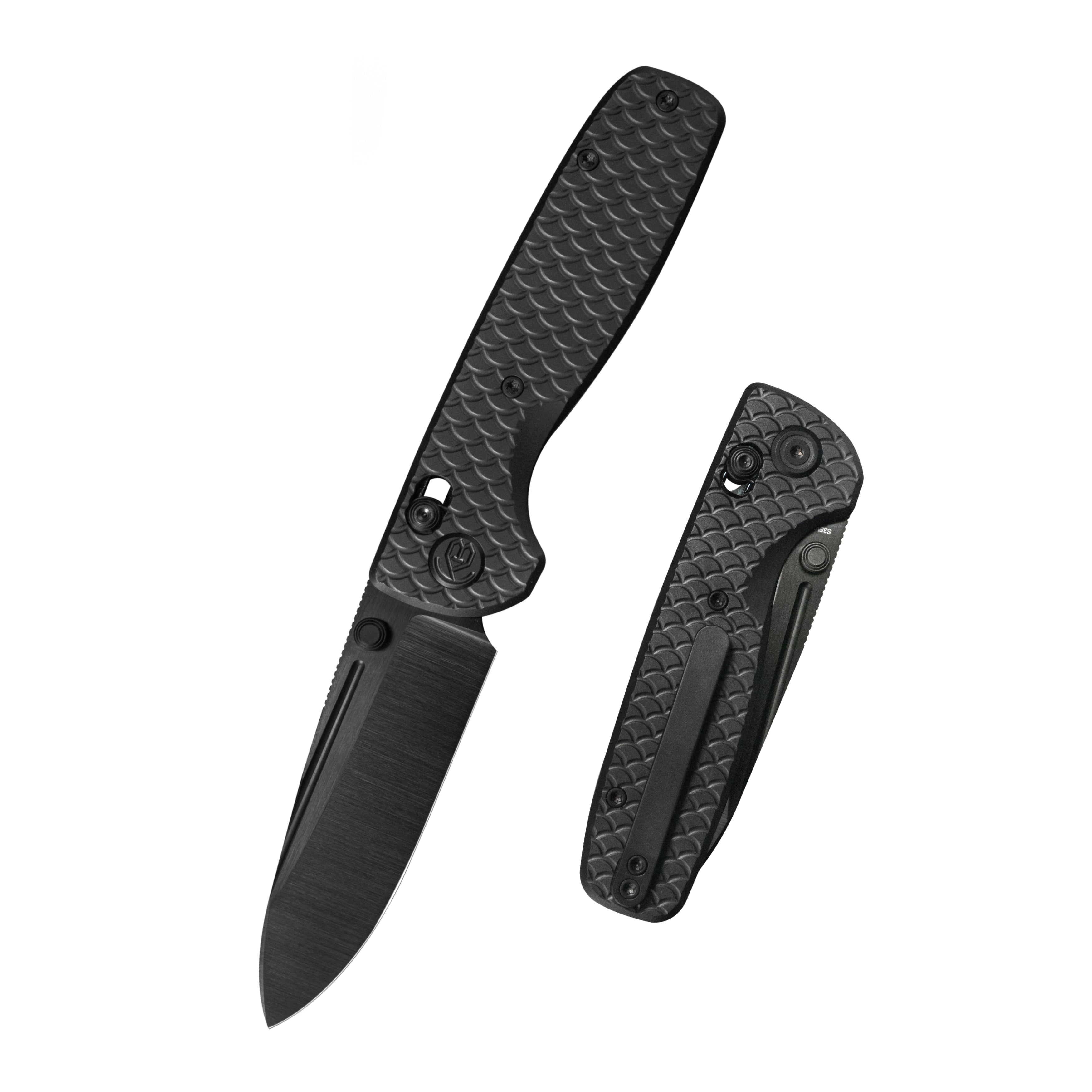 KB Bluff Folding Knife Regular DLC Ti w/ Fish Scales Milling Handle 3.19" DLC Belt Satin S35VN Blade KB383E