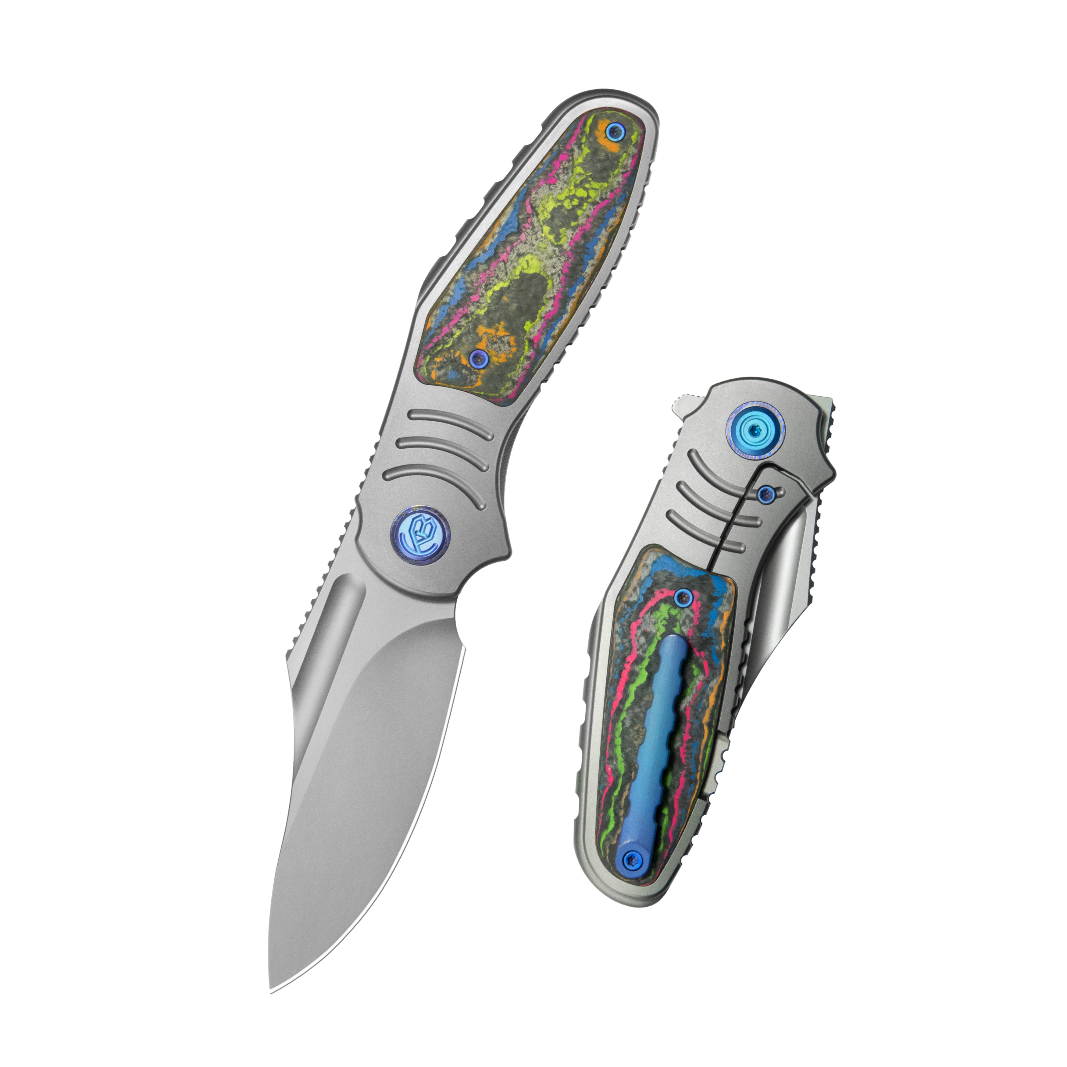 KB Stroller Folding Knife Gray Titanium/CF Inlays Handle 3.35” Stonewash CPM 20CV Blade KB384A
