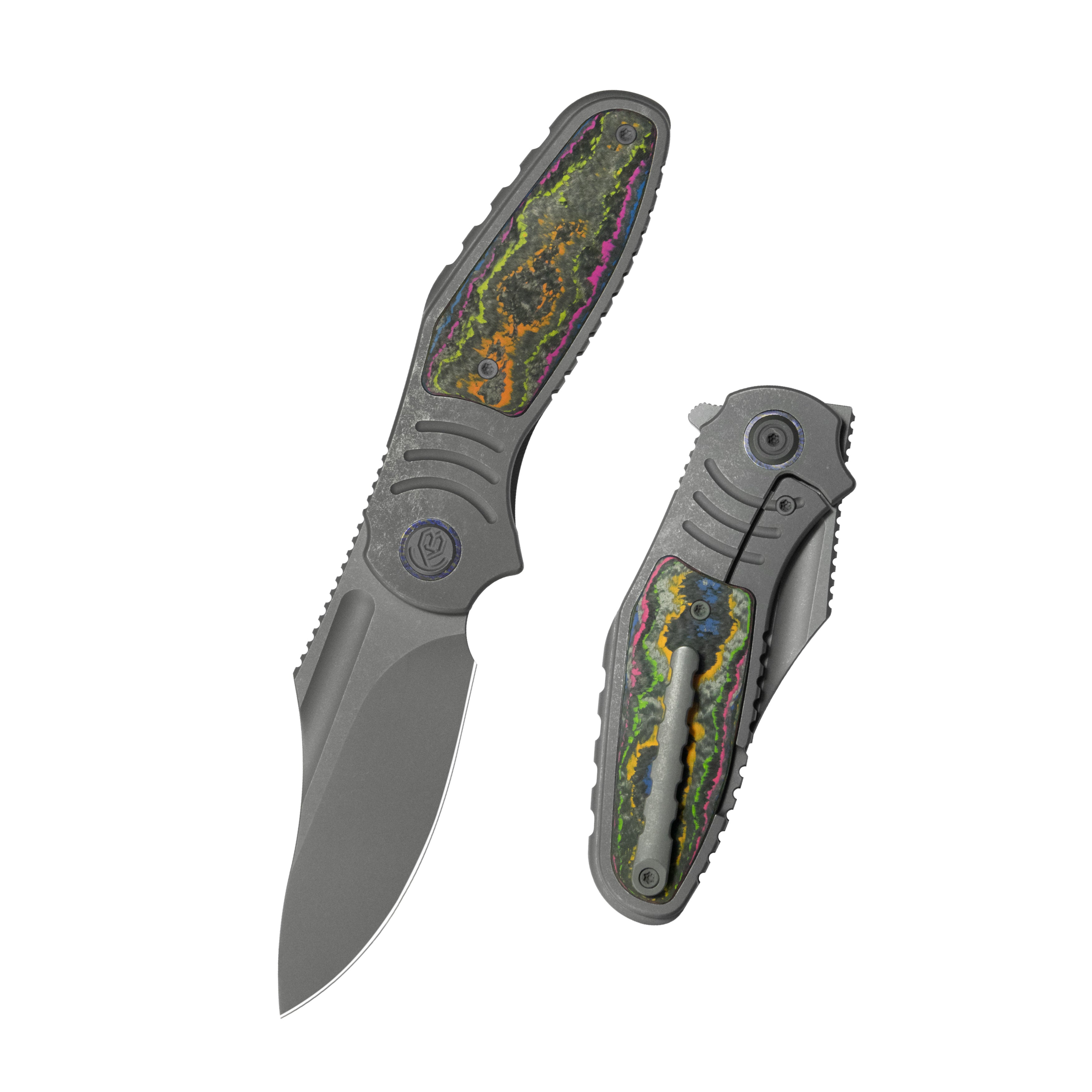 KB Stroller Folding Knife Gray Titanium/CF Inlays Handle 3.35" Darkwash CPM 20CV Blade KB384B