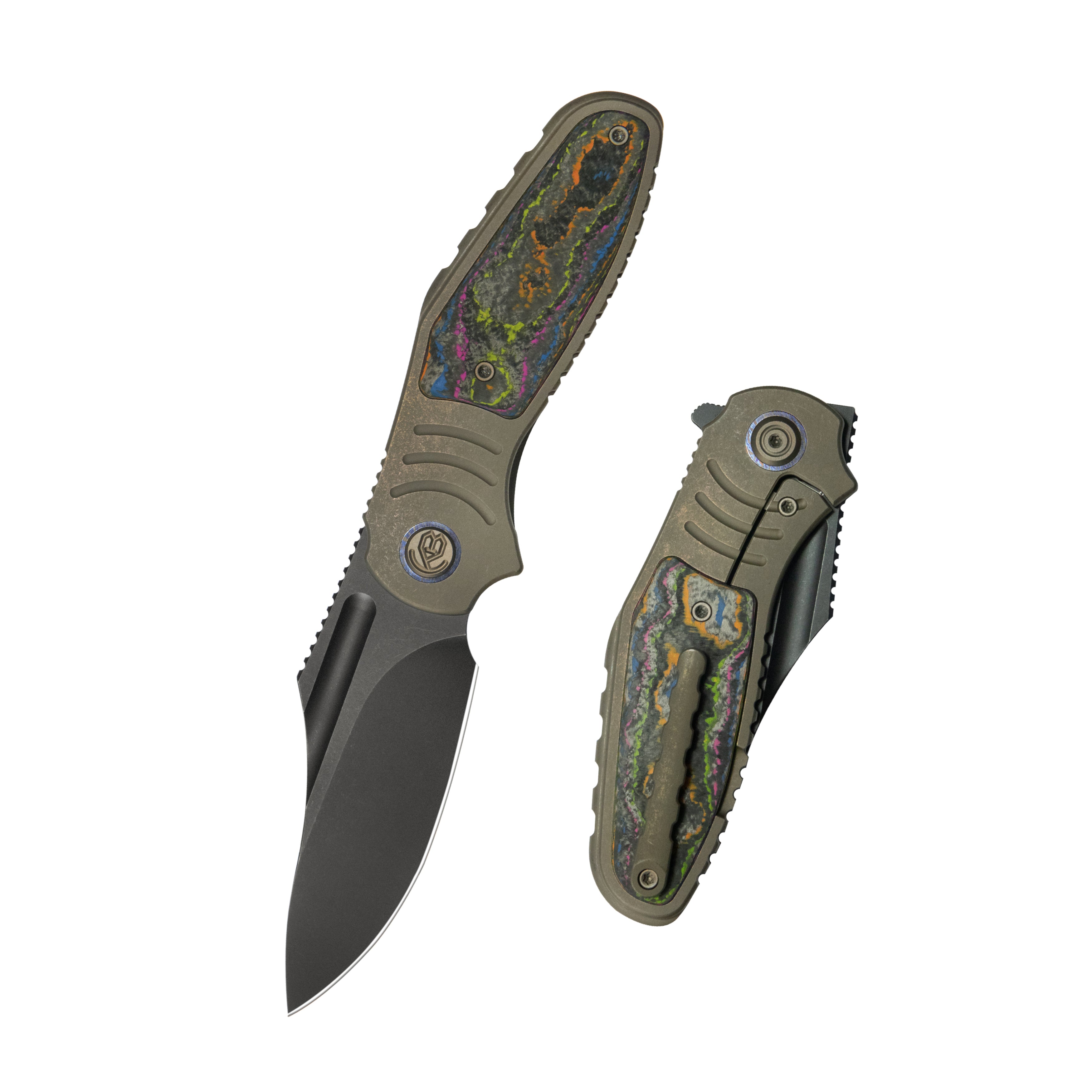 KB Stroller Folding Knife Bronze Titanium/CF Inlays Handle 3.35" Blackwash CPM 20CV Blade KB384C
