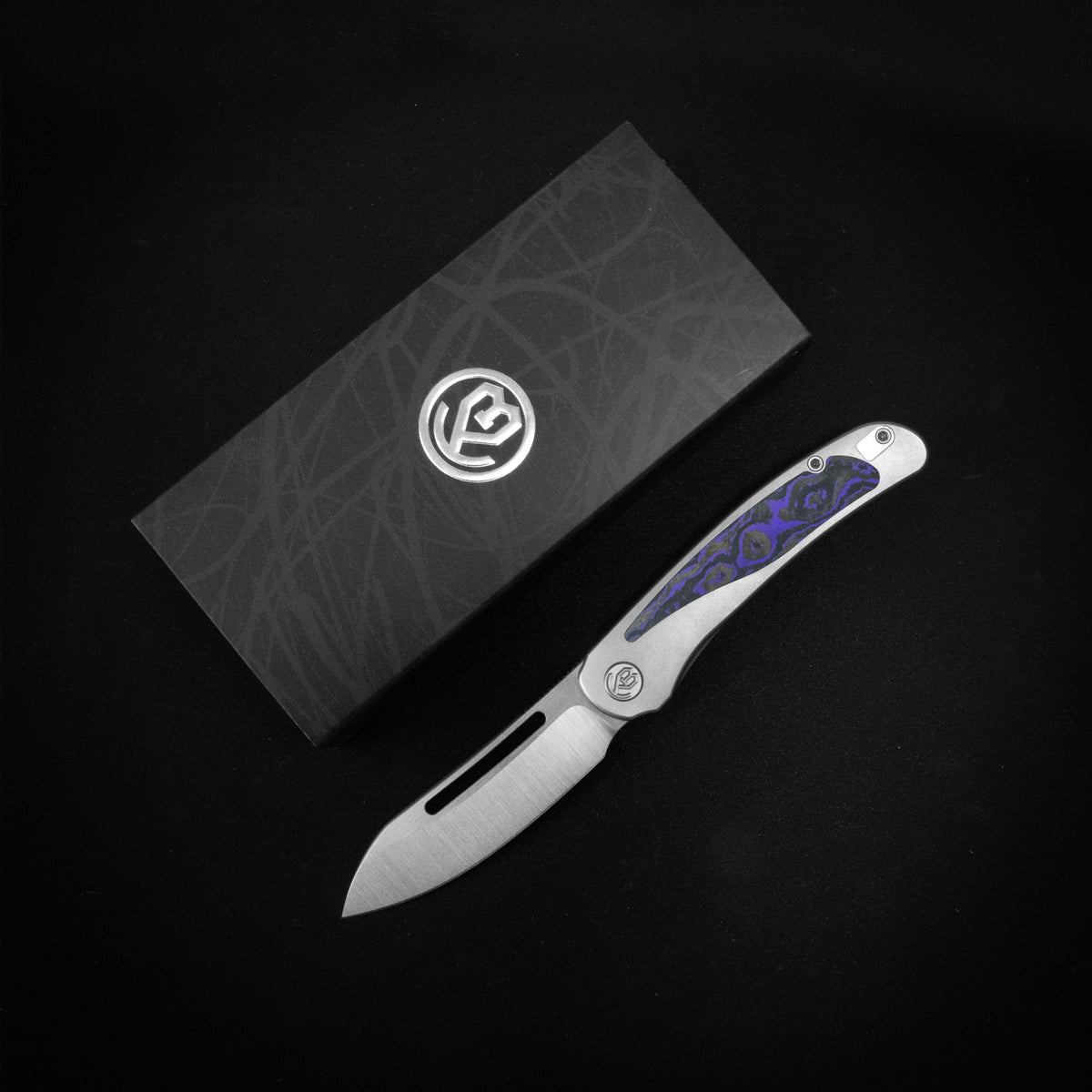 KB Finesse Folding Knife Sandblasting Titanium with Purple Carbon inlay Handle 3.54" Belt Satin Bohler M390 Blade KB399A