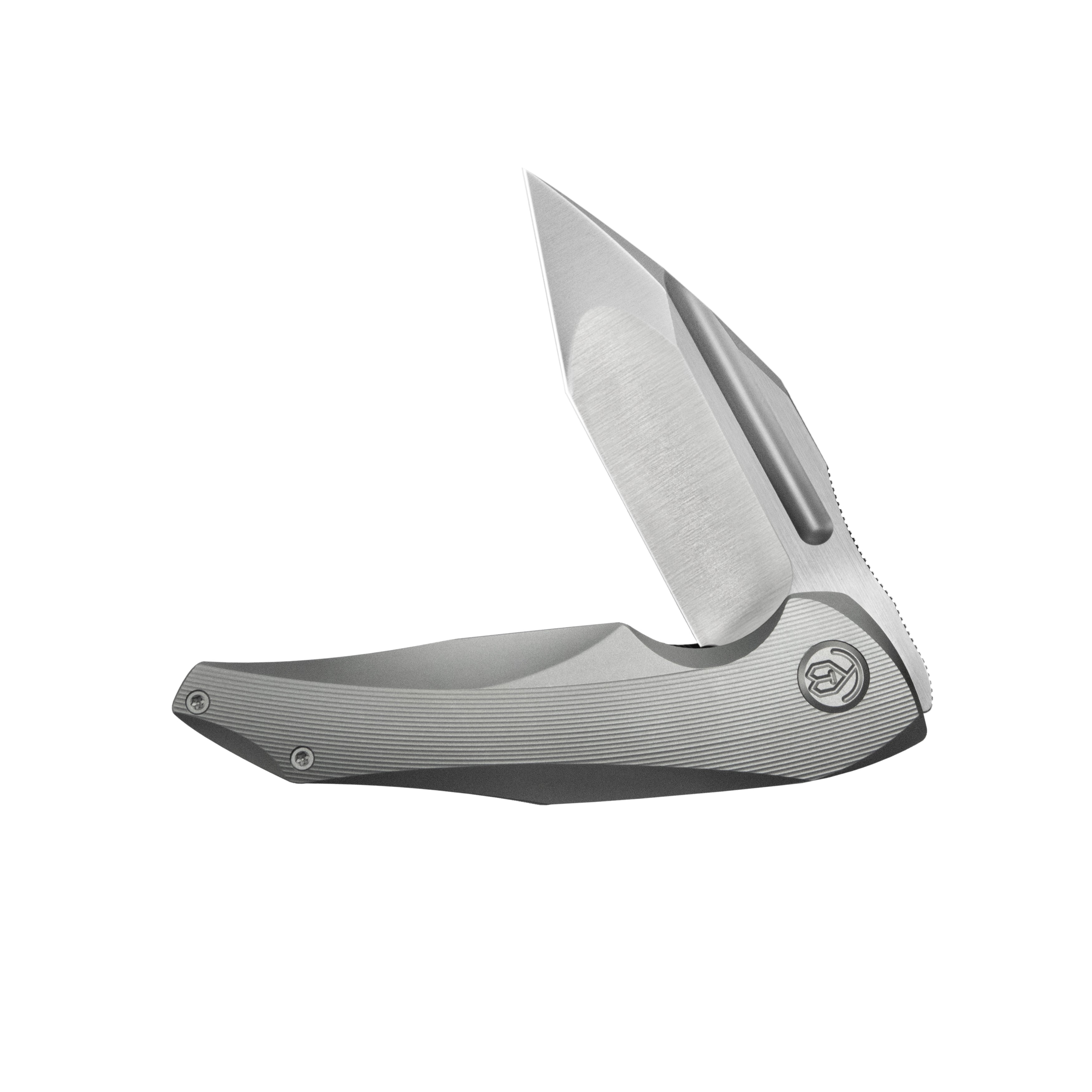 KB Navigator Tactical Folding Knife Flipper Gray Contoured Ti Micro Milling 3.39" Satin M390 Blade KB458A