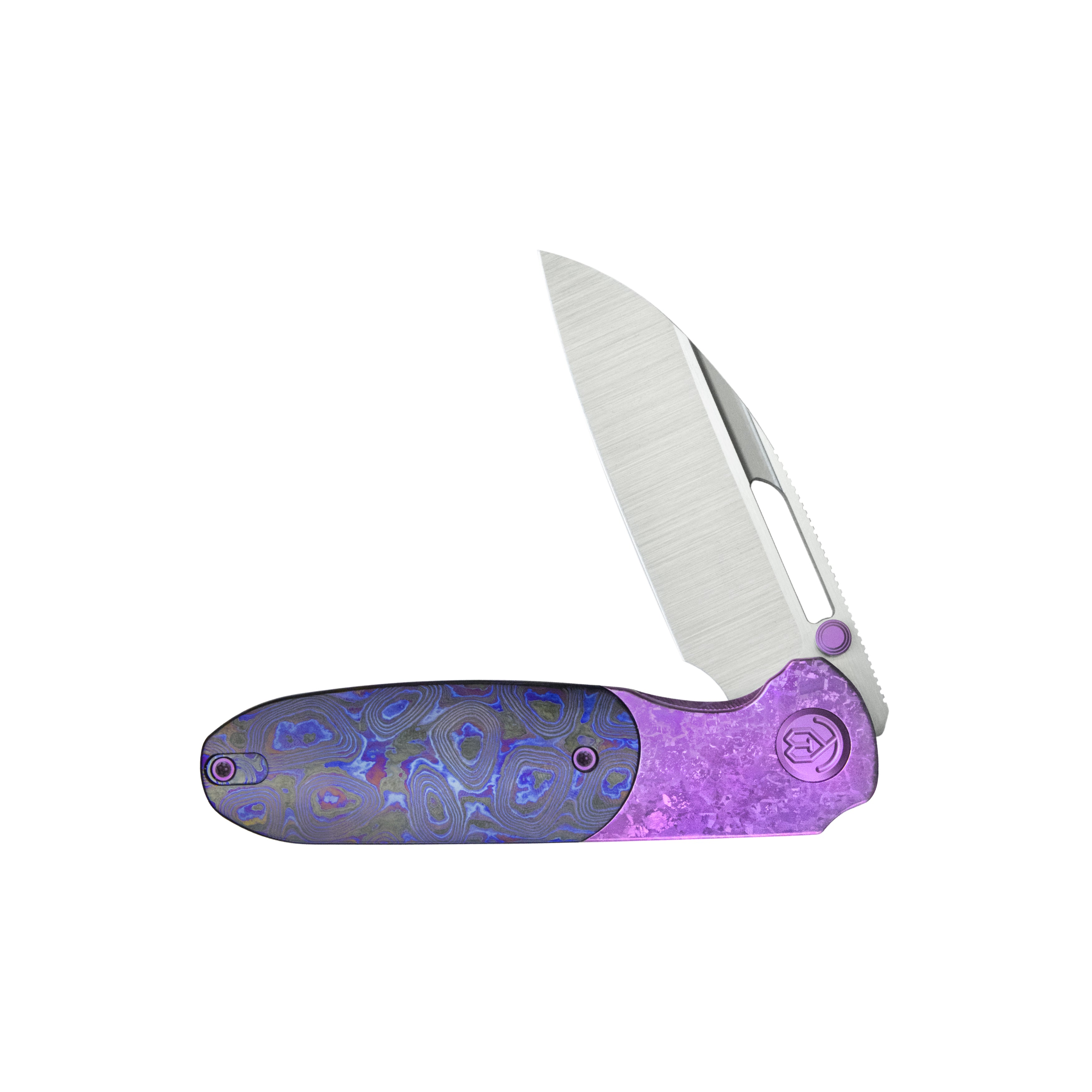 KB Icicle Pocket Folding Knife Frame Lock Purple Crystallized Titanium with Zircuti Inlays 3.50" Belt Satin M390 Blade KB432D