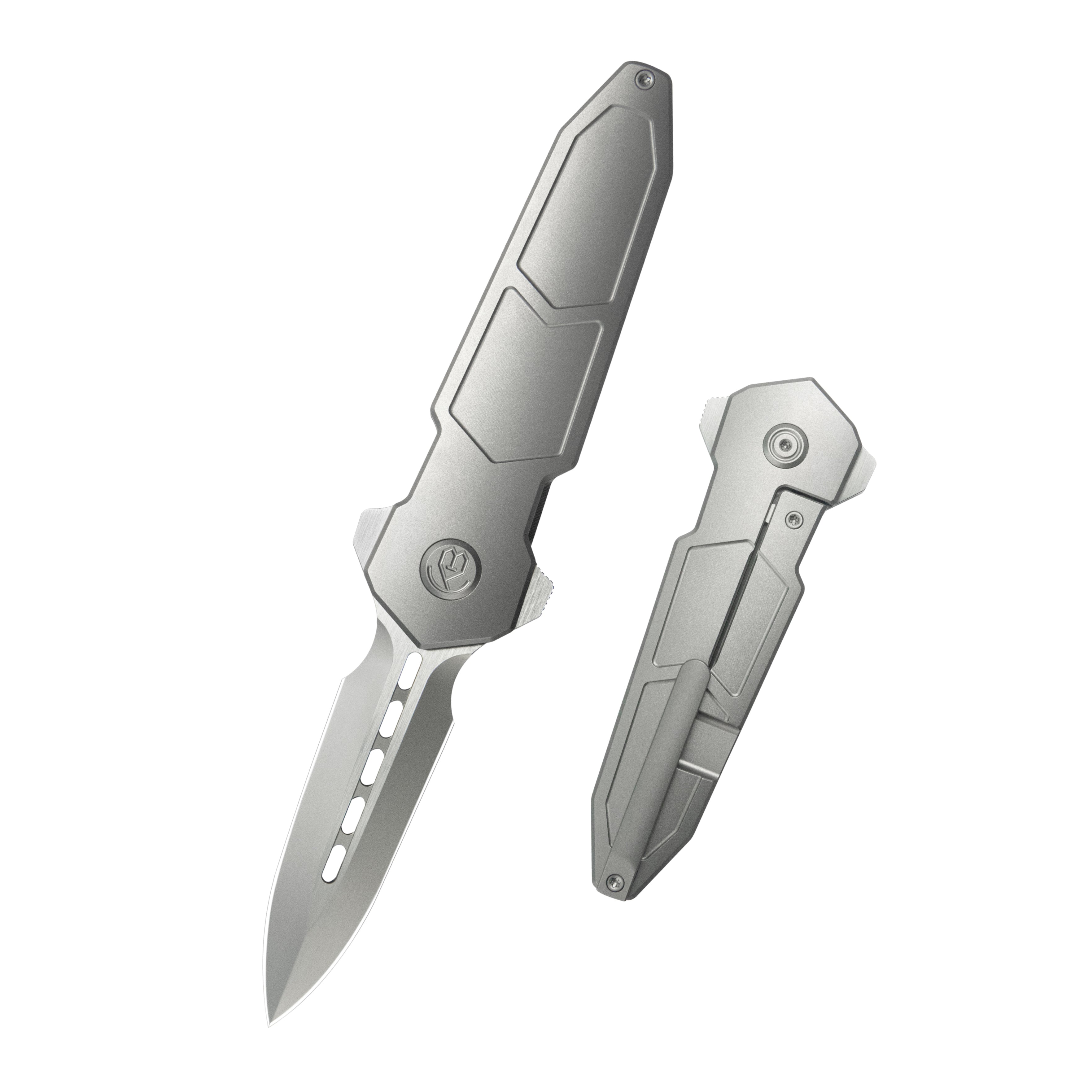 KB Urban Dagger Double Edge Folding Knife Gray Titanium Handle 3.19'' Satin & Beadblast M390 Blade KB416A