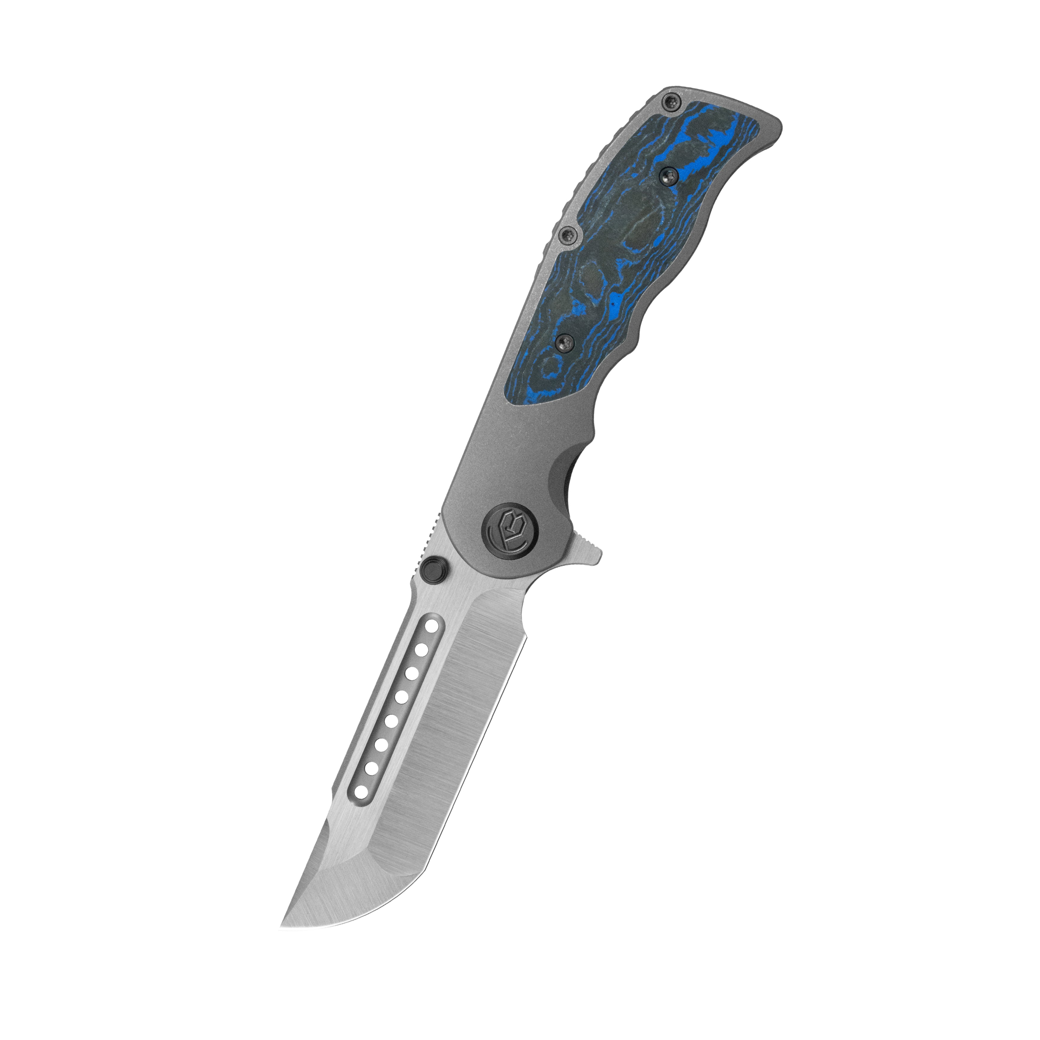 KB Predator Folding Knife Darkwash Titanium with Electric Blue Camo Carbon inlay Handle 3.46'' Belt Satin Bohler M390 Blade KB436B