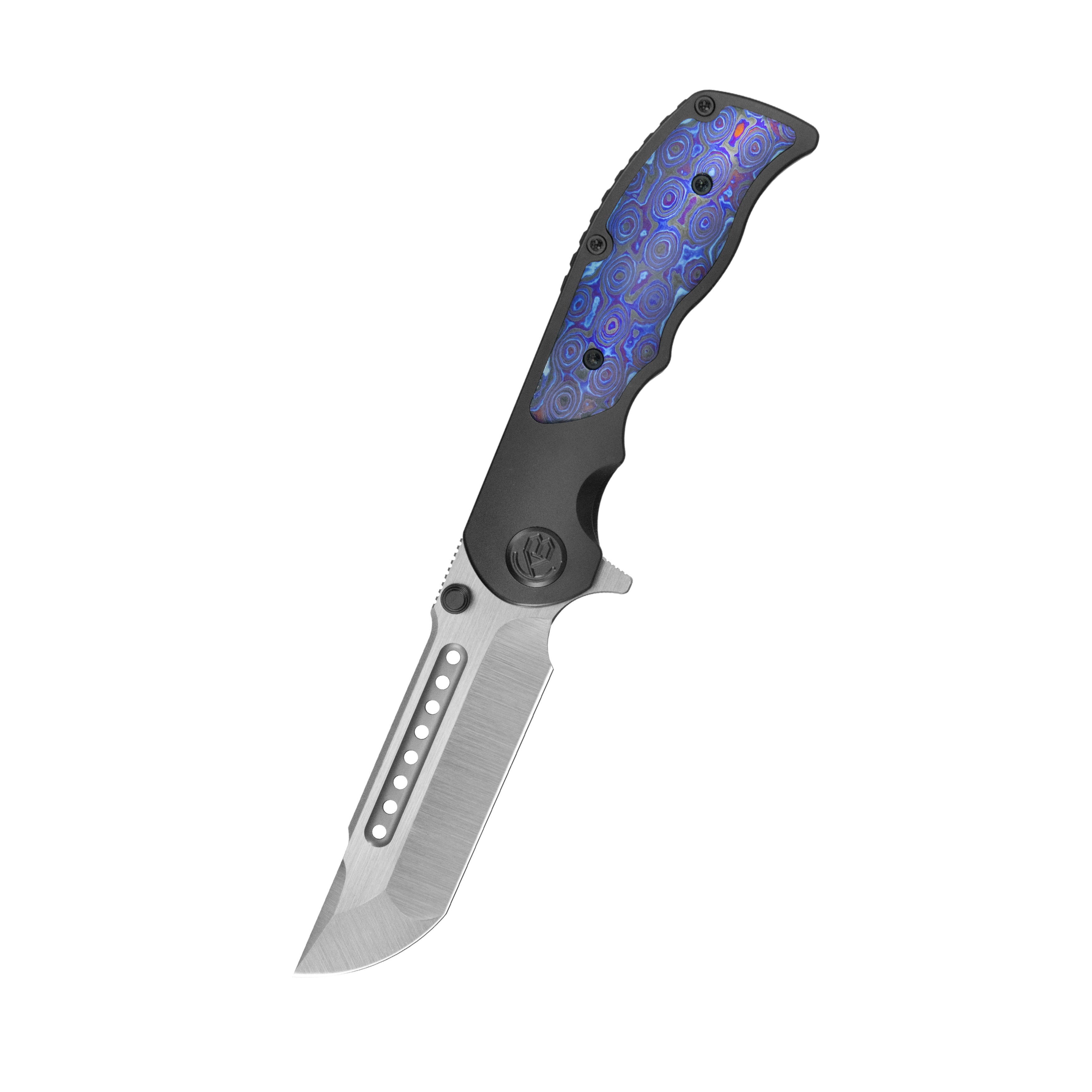 KB Predator Folding Knife DLC Titanium with Zircuti inlay Handle 3.46'' Belt Satin Bohler M390 Blade KB436C