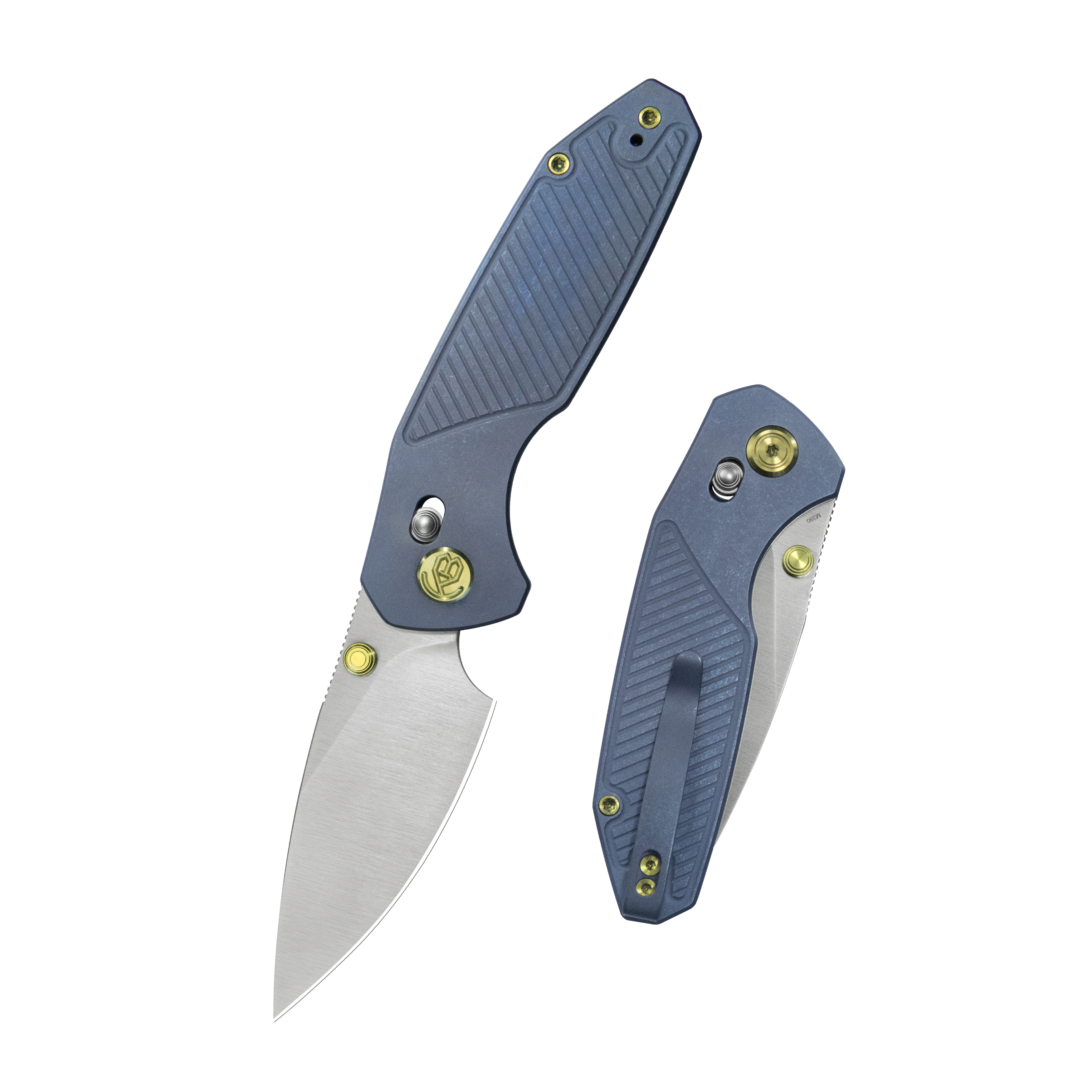 KB Aero Air Pocket Knife Gray Crossbar Lock Blue Ti Diagonal Milling 2.91" Satin M390 Blade KB488B