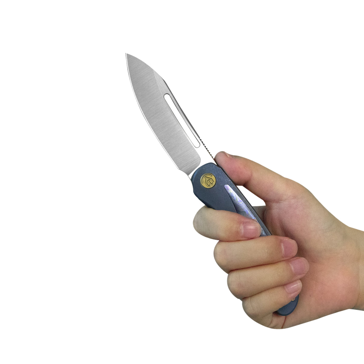 KB Finesse Folding Knife Blue Ano Titanium with Purple Carbon inlay Handle 3.54" Belt Satin Bohler M390 Blade KB399B