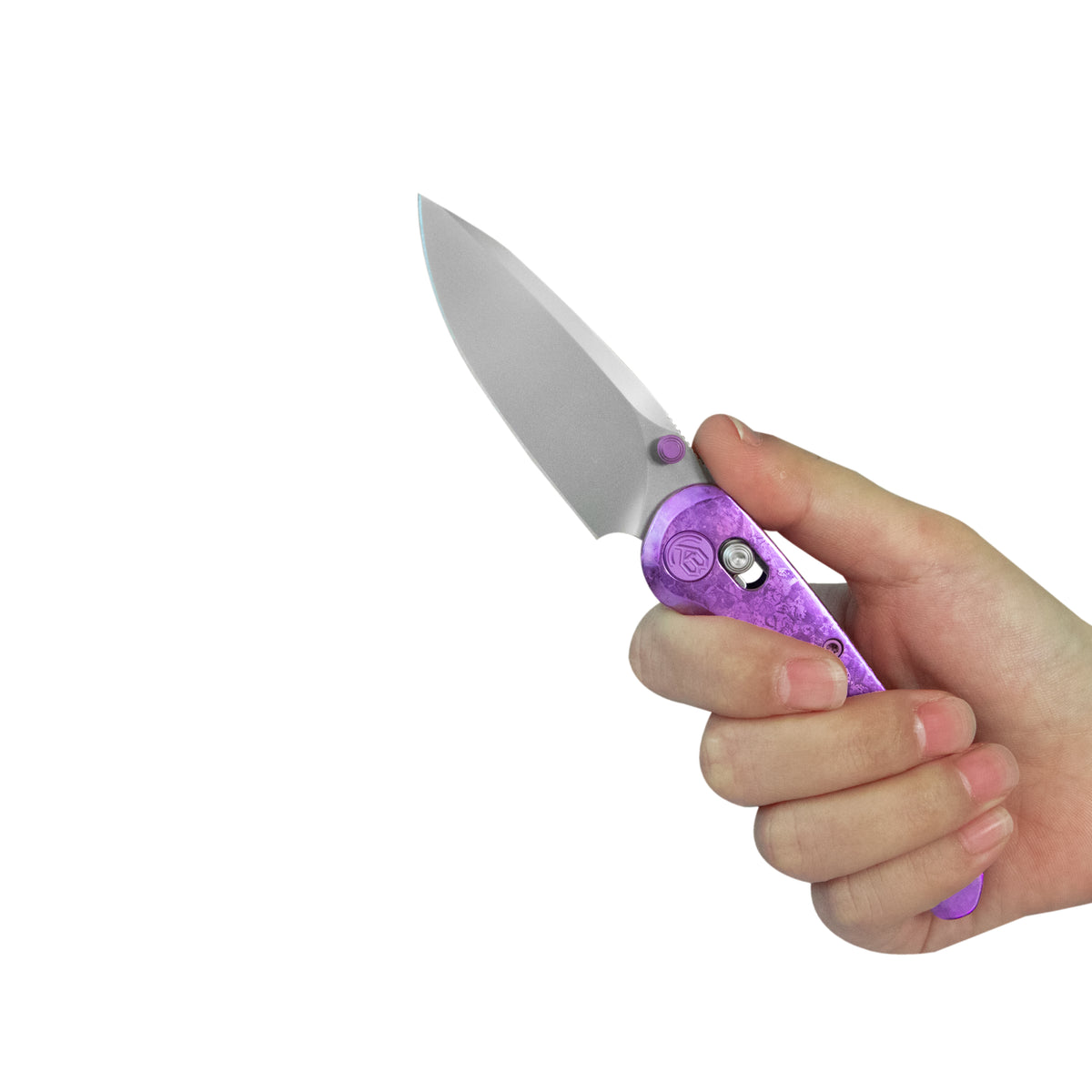 KB Small Pioneer Folding Knife Purple Ano Crystallized Titanium Handle 2.99" Silver Bead Blast S90V Blade KB482E