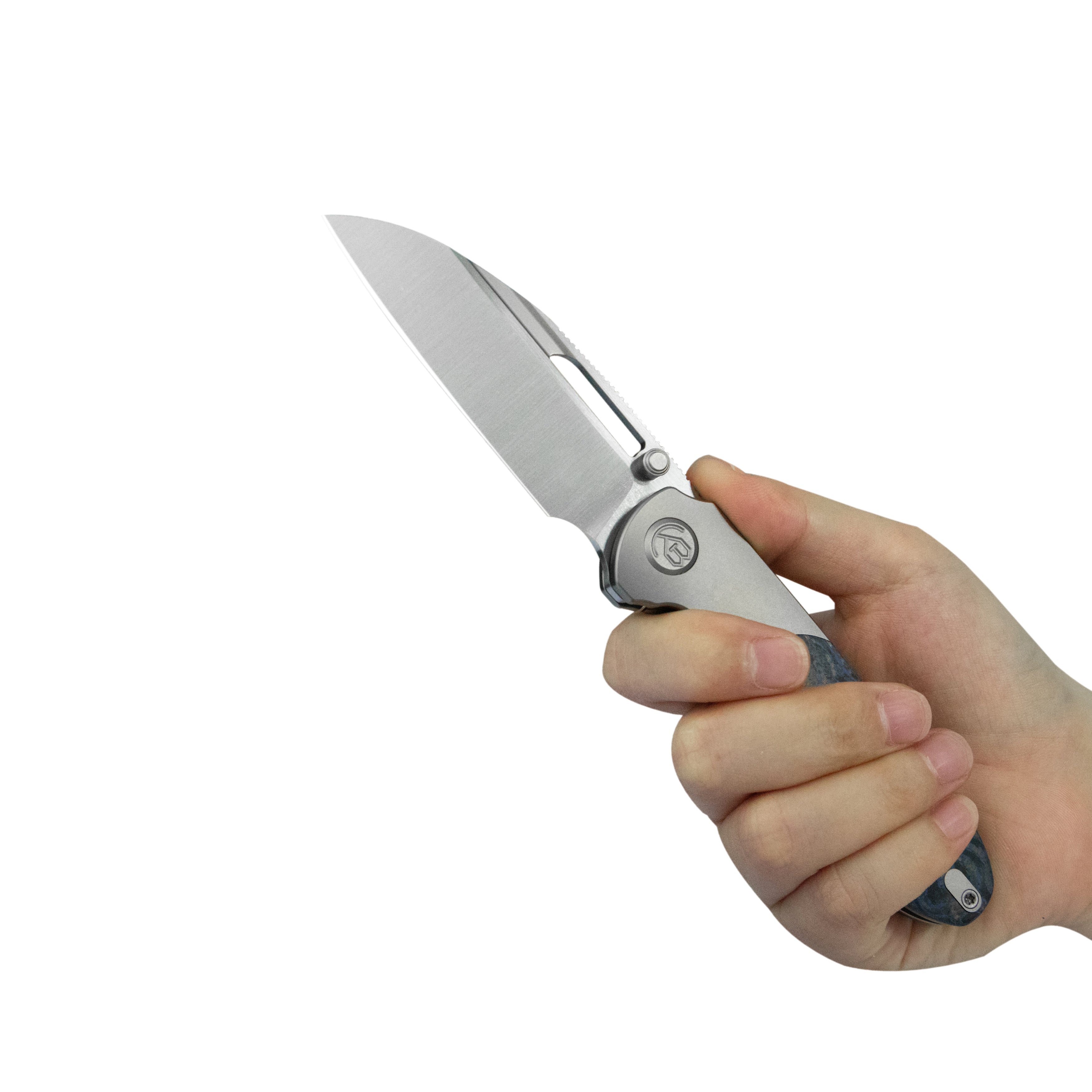 KB Icicle Pocket Folding Knife Frame Lock Sandblast Titanium with Electric Blue Camo Carbon Inlays 3.50" Belt Satin Elmax Blade KB432B