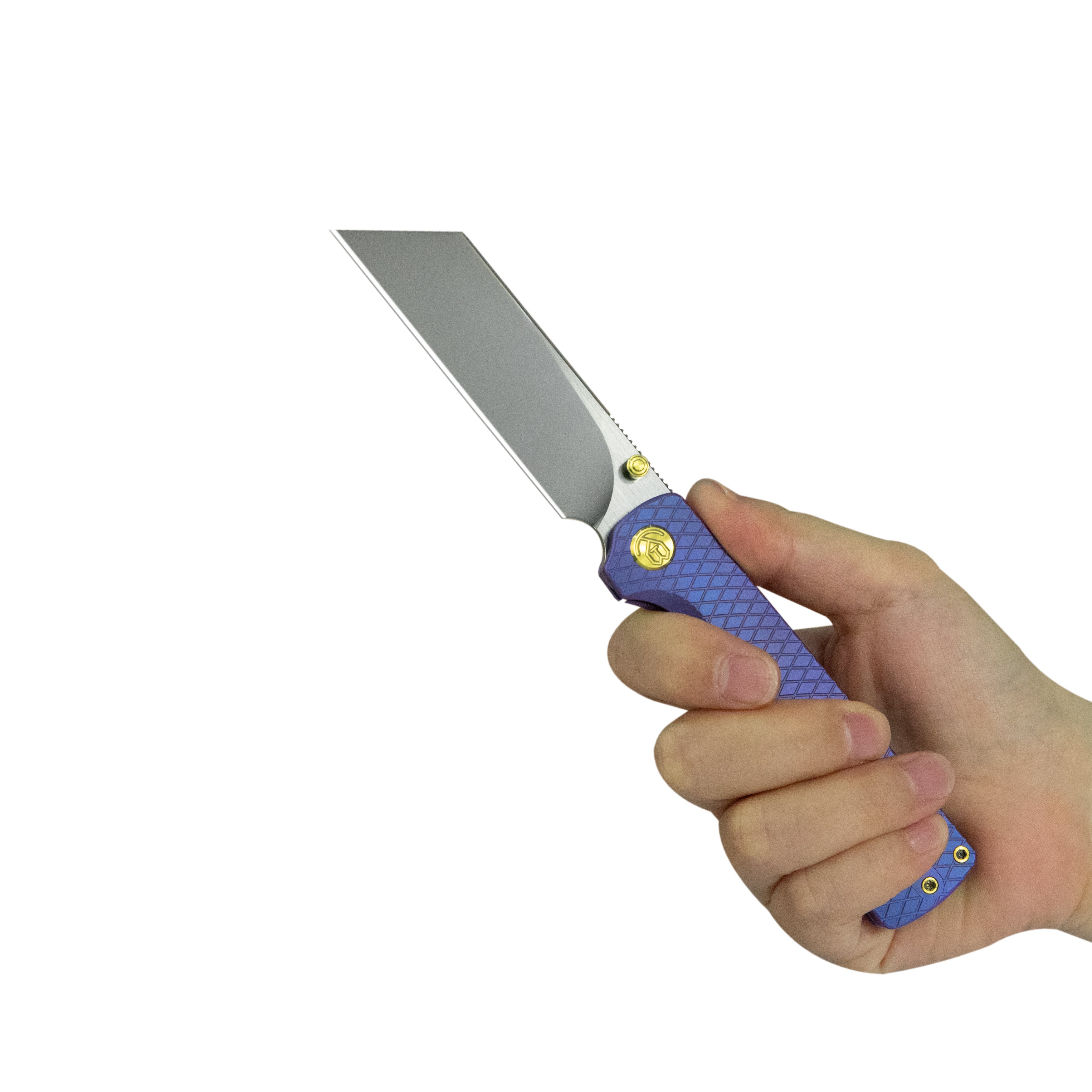 KB Get Some Frame Lock Folding Knife Blurple Titanium Handle 3.35" Satin & Silver Bead Blast M390 Blade KB445C