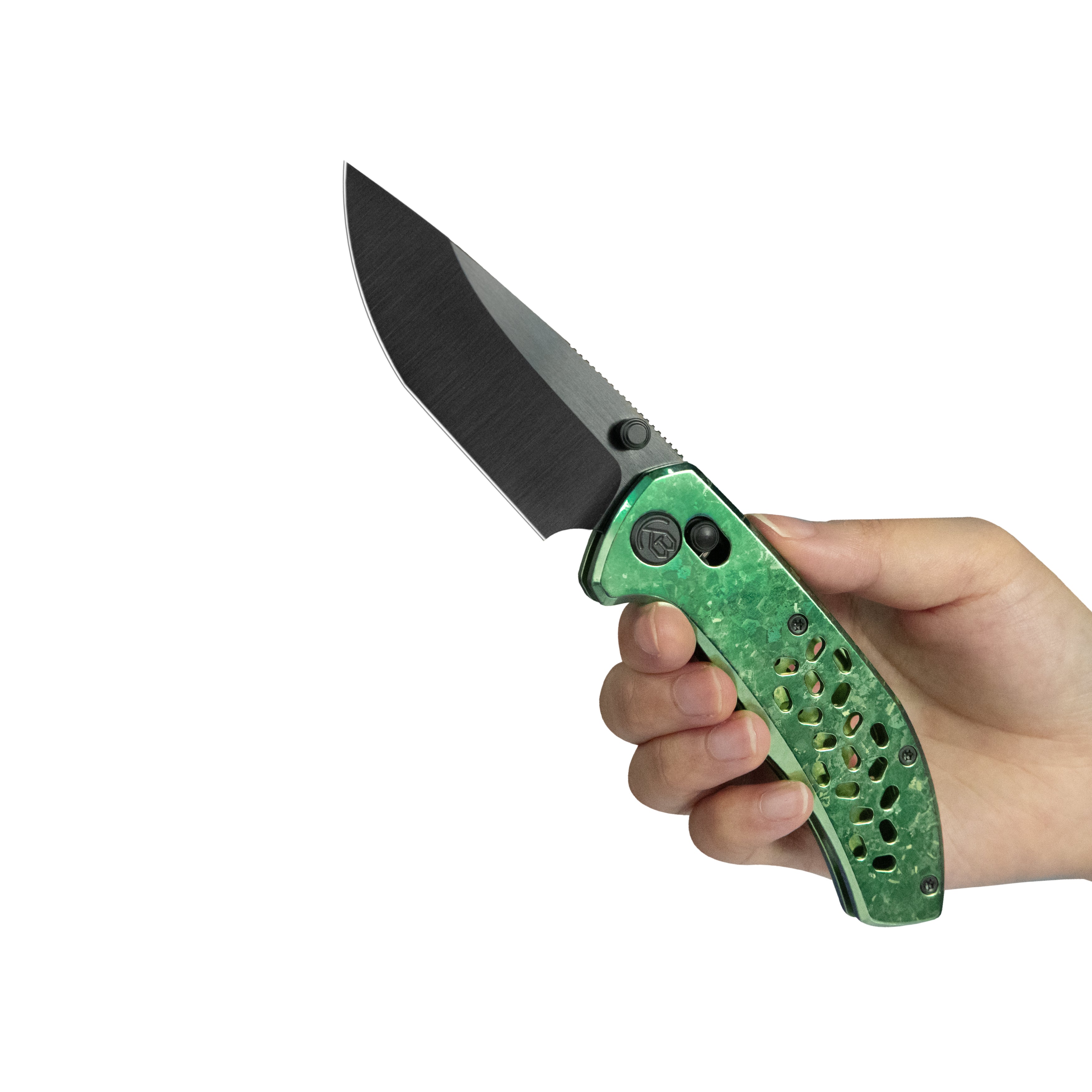 KB Trillium Folding Knife Green Ano Crystal Ti Handle 3.11'' DLC Belt Satin M390 Blade KB326D