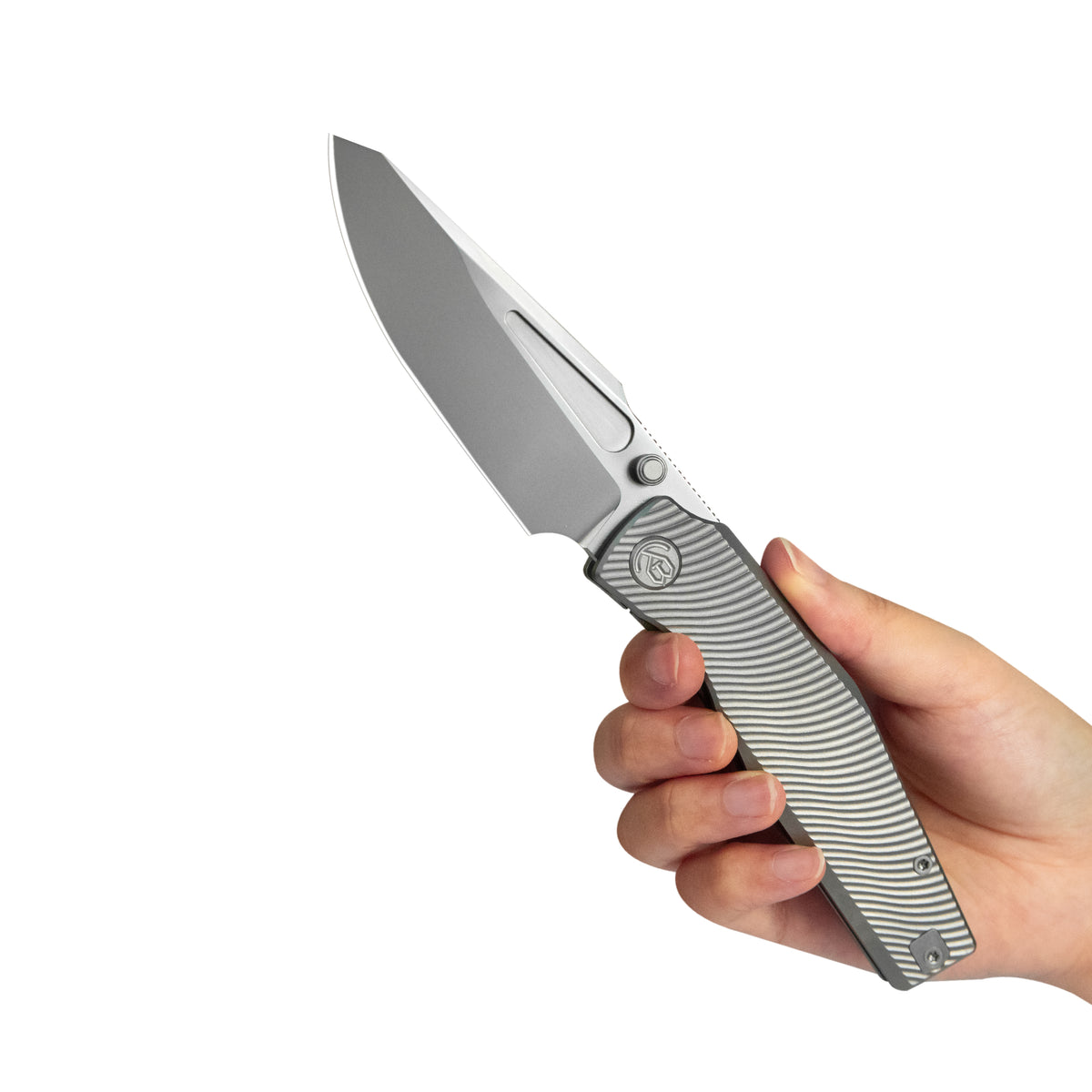 KB Illusion Folding Knife Grey Titanium Handle 3.46‘’ Silver Bead Blast Bohler M390 Blade KB443A