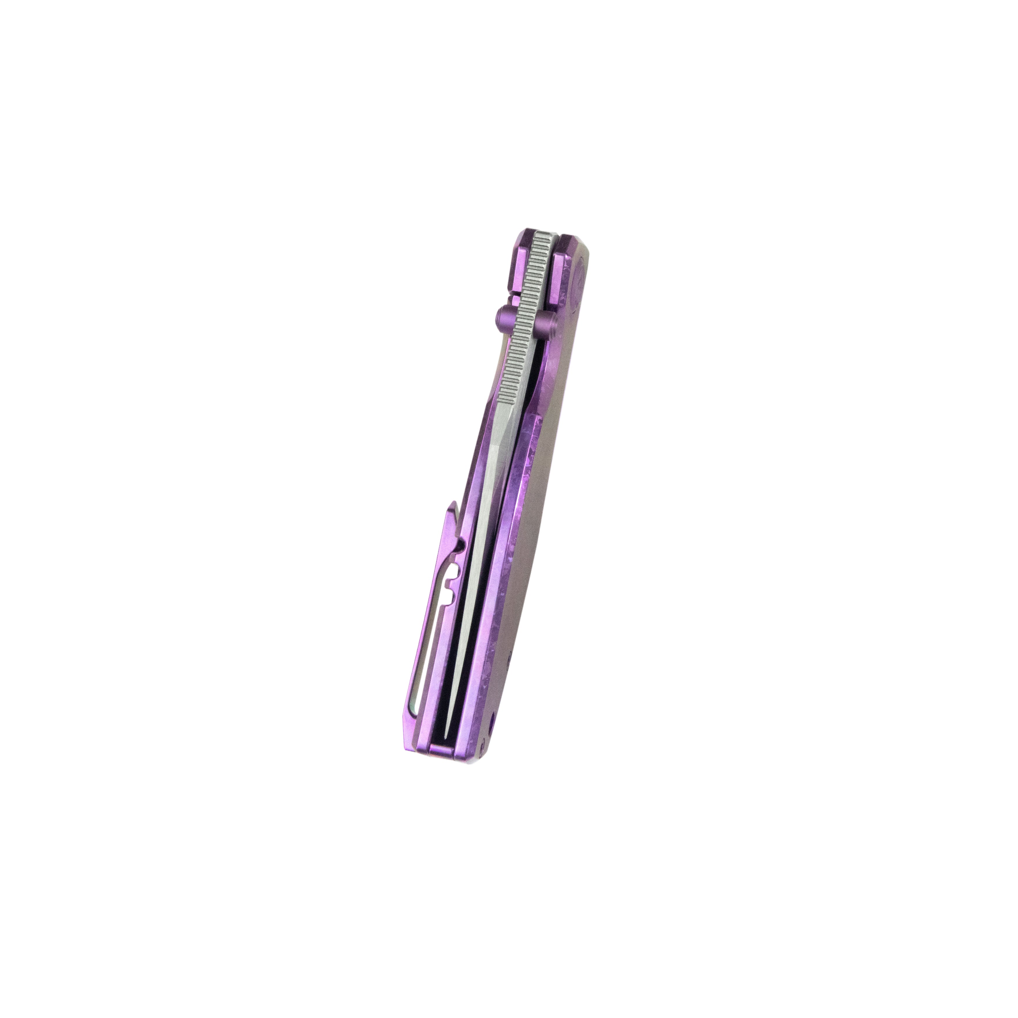 KB Classico Frame Locking Folding Knife Purple Crystallized Titanium Handle 3.38" Belt Satin M390 Blade KB478D