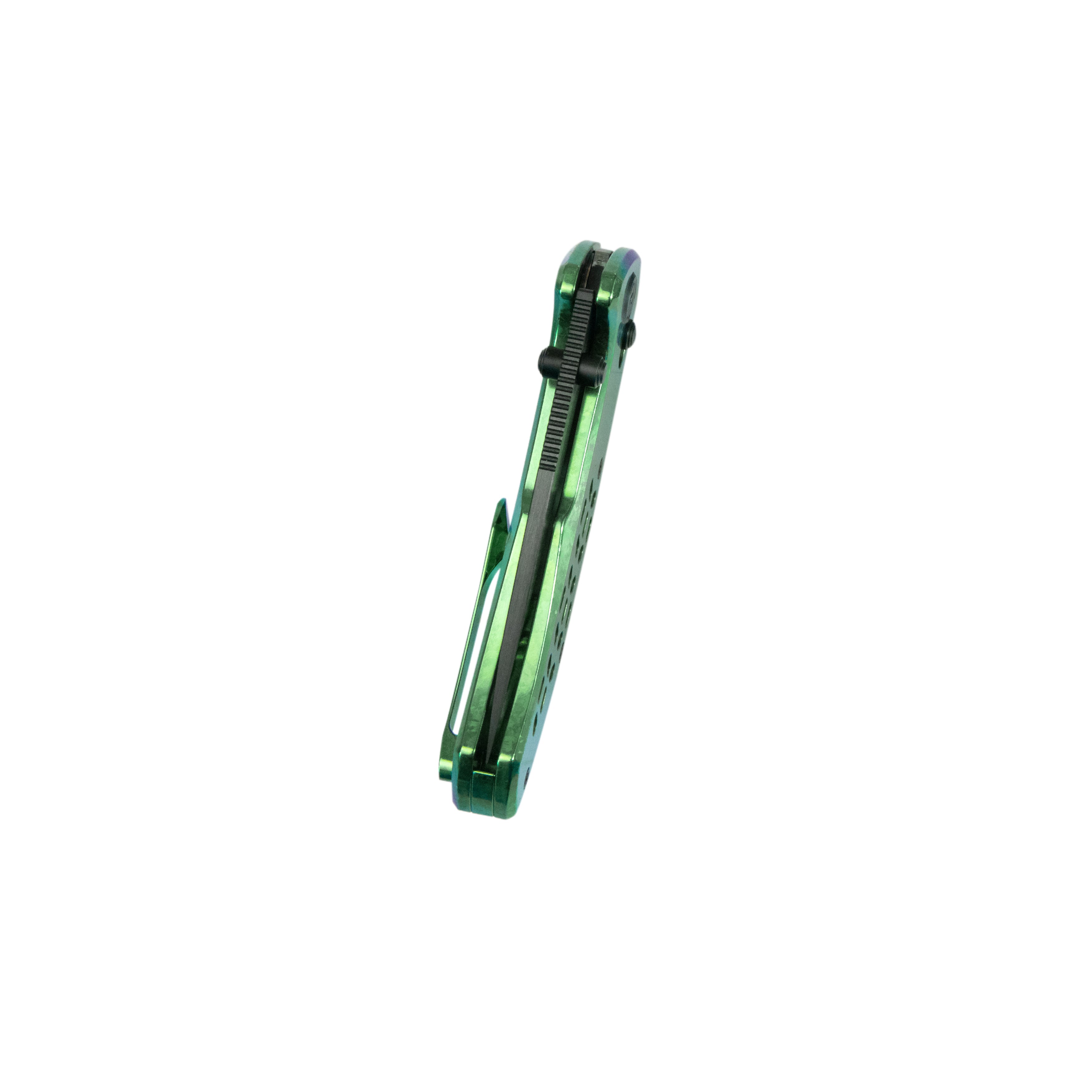 KB Trillium Folding Knife Green Ano Crystal Ti Handle 3.11'' DLC Belt Satin M390 Blade KB326D