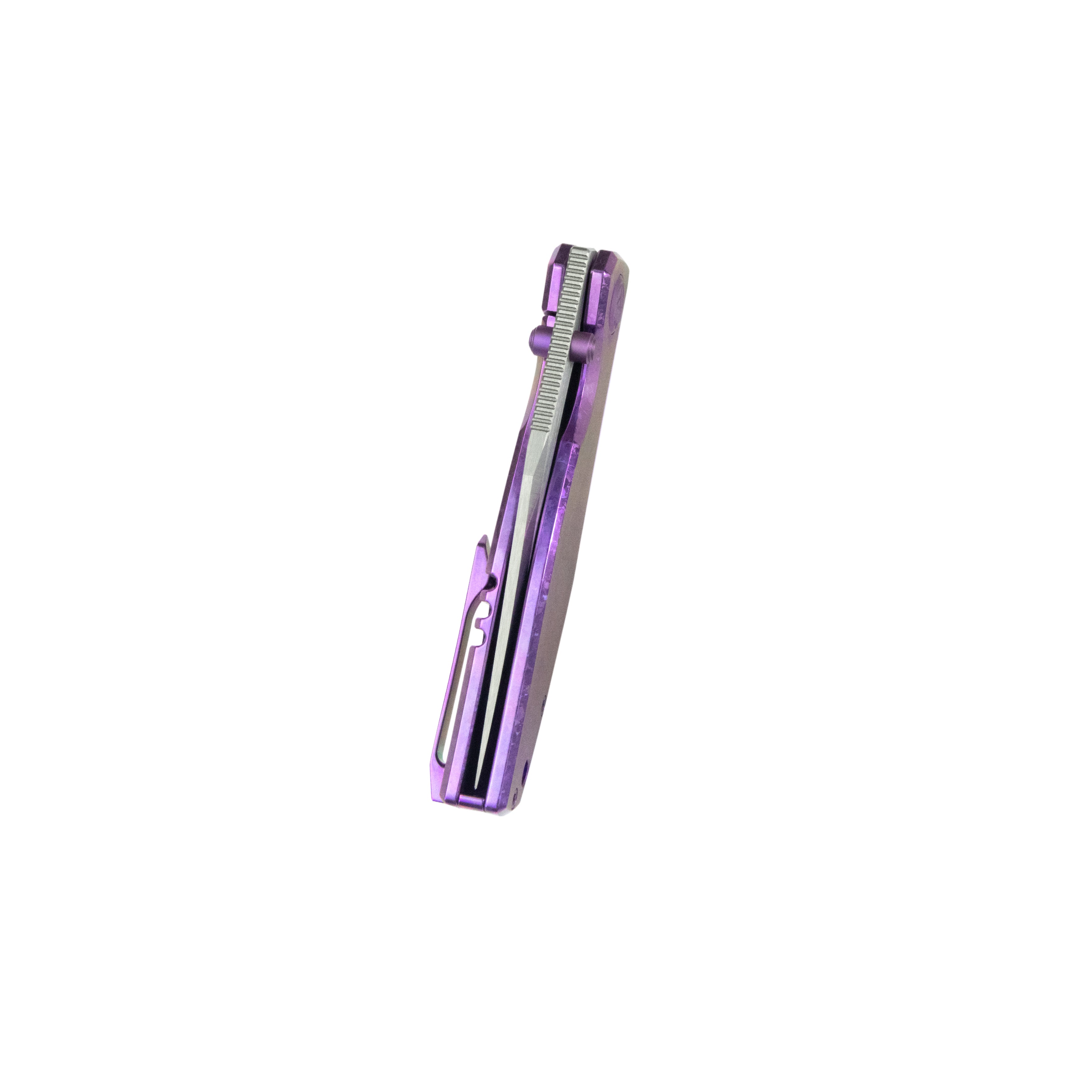 KB Classico Frame Locking Folding Knife Purple Crystallized Titanium Handle 3.38" Belt Satin M390 Blade KB478D