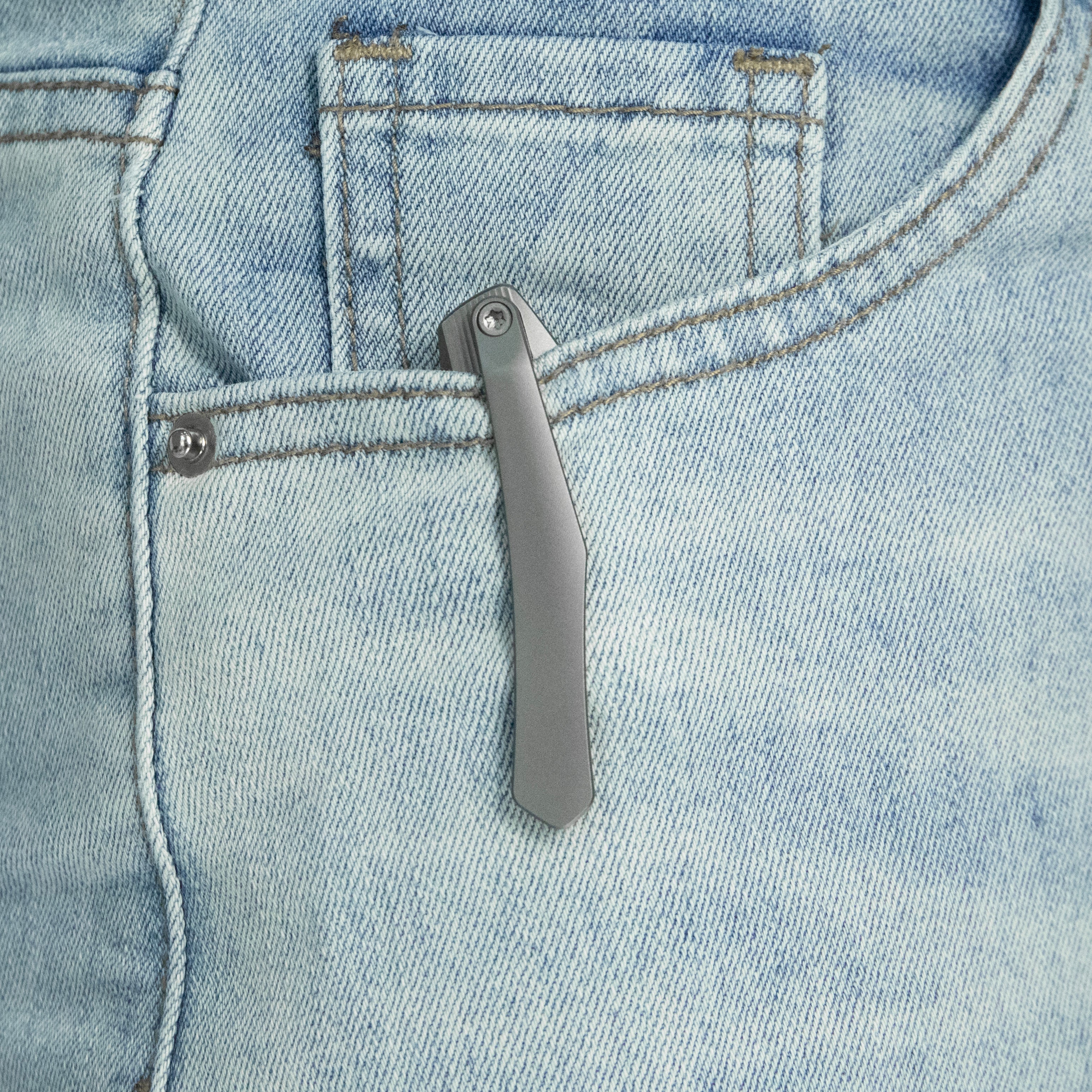 KB Navigator Tactical Folding Knife Flipper Gray Contoured Ti Micro Milling 3.39" Satin M390 Blade KB458A