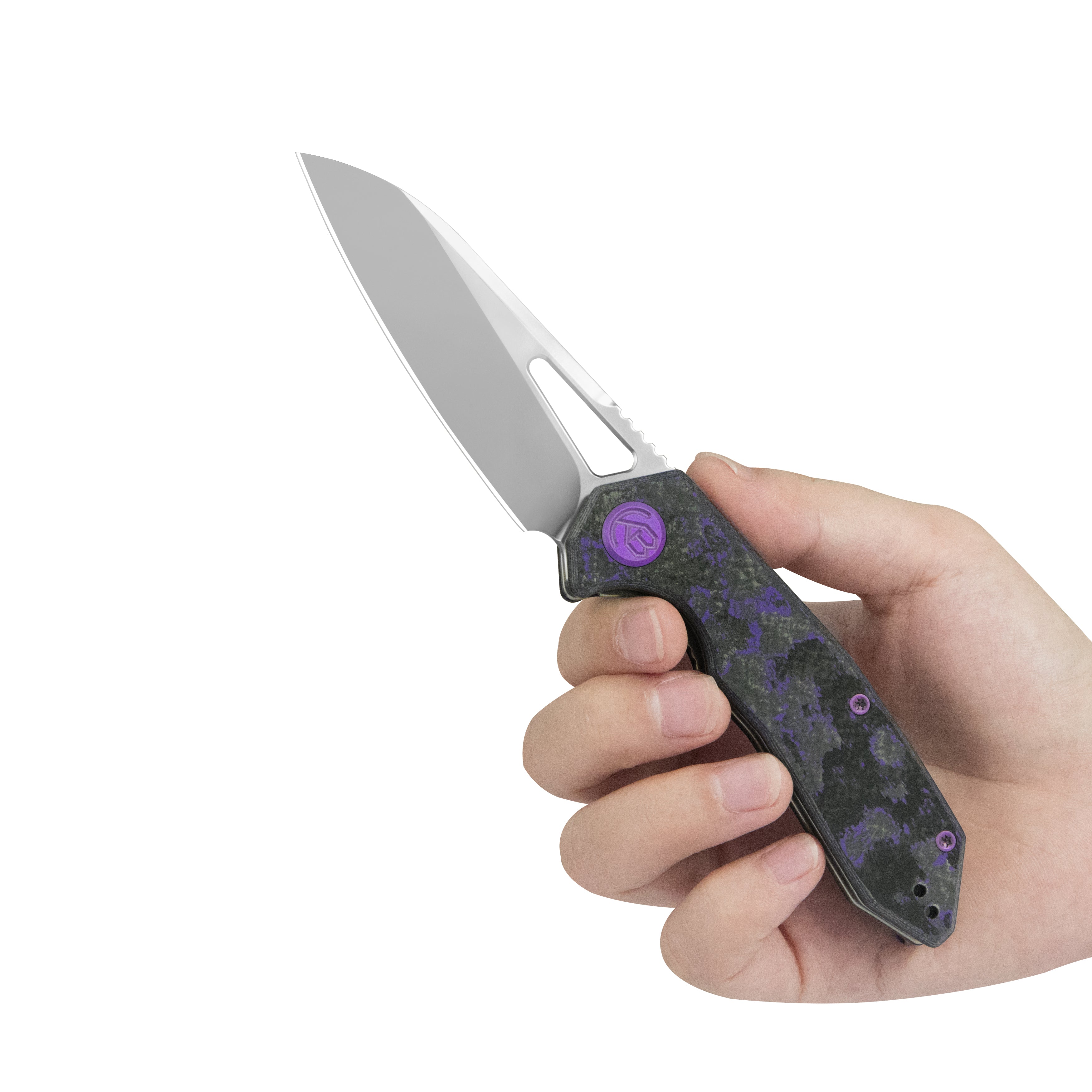 KB Vagrant Folding Knife Purple Flo Camo Carbon Handle 3.15" Silver Bead Blast M390 Blade KB291Z