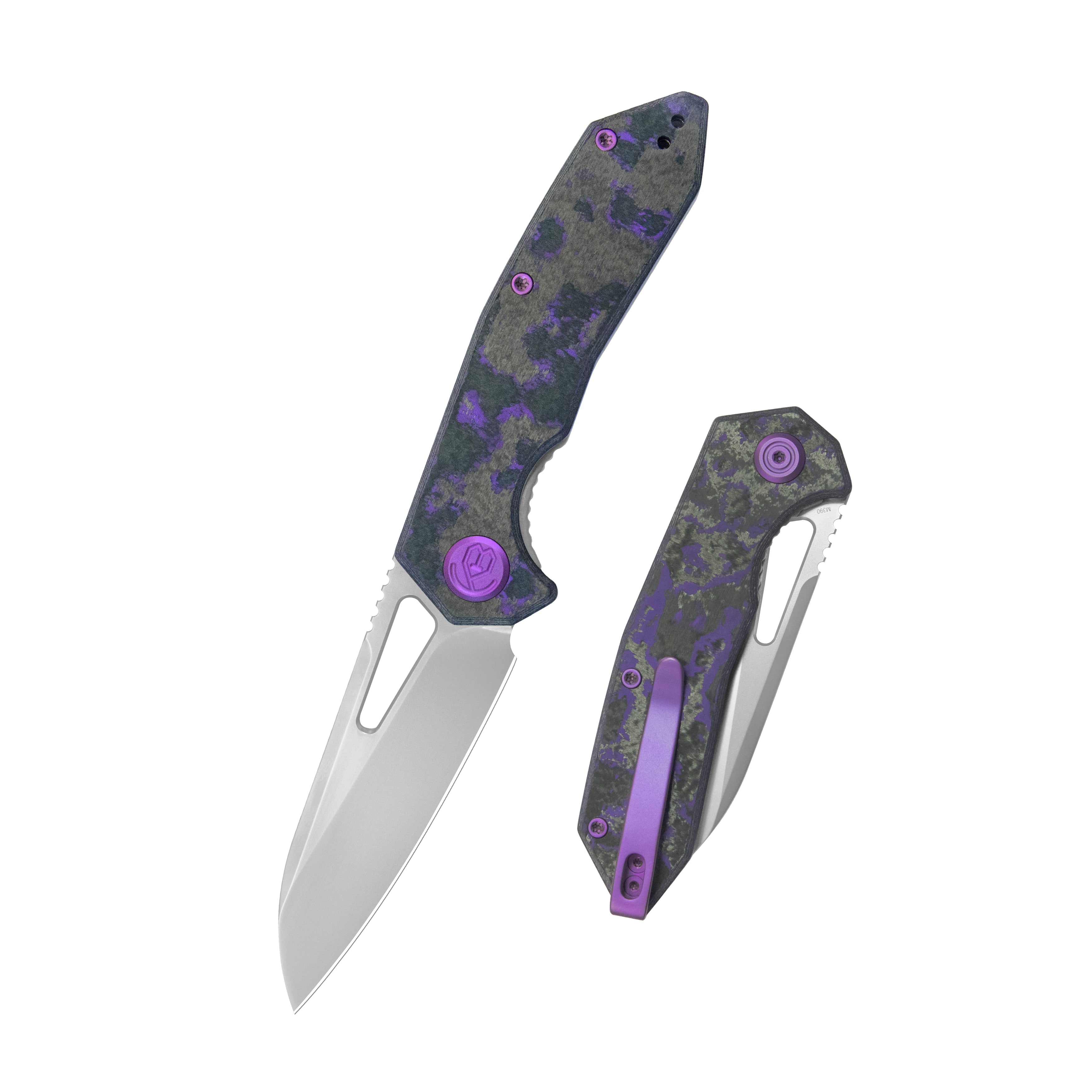 KB Vagrant Folding Knife Purple Flo Camo Carbon Handle 3.15" Silver Bead Blast M390 Blade KB291Z