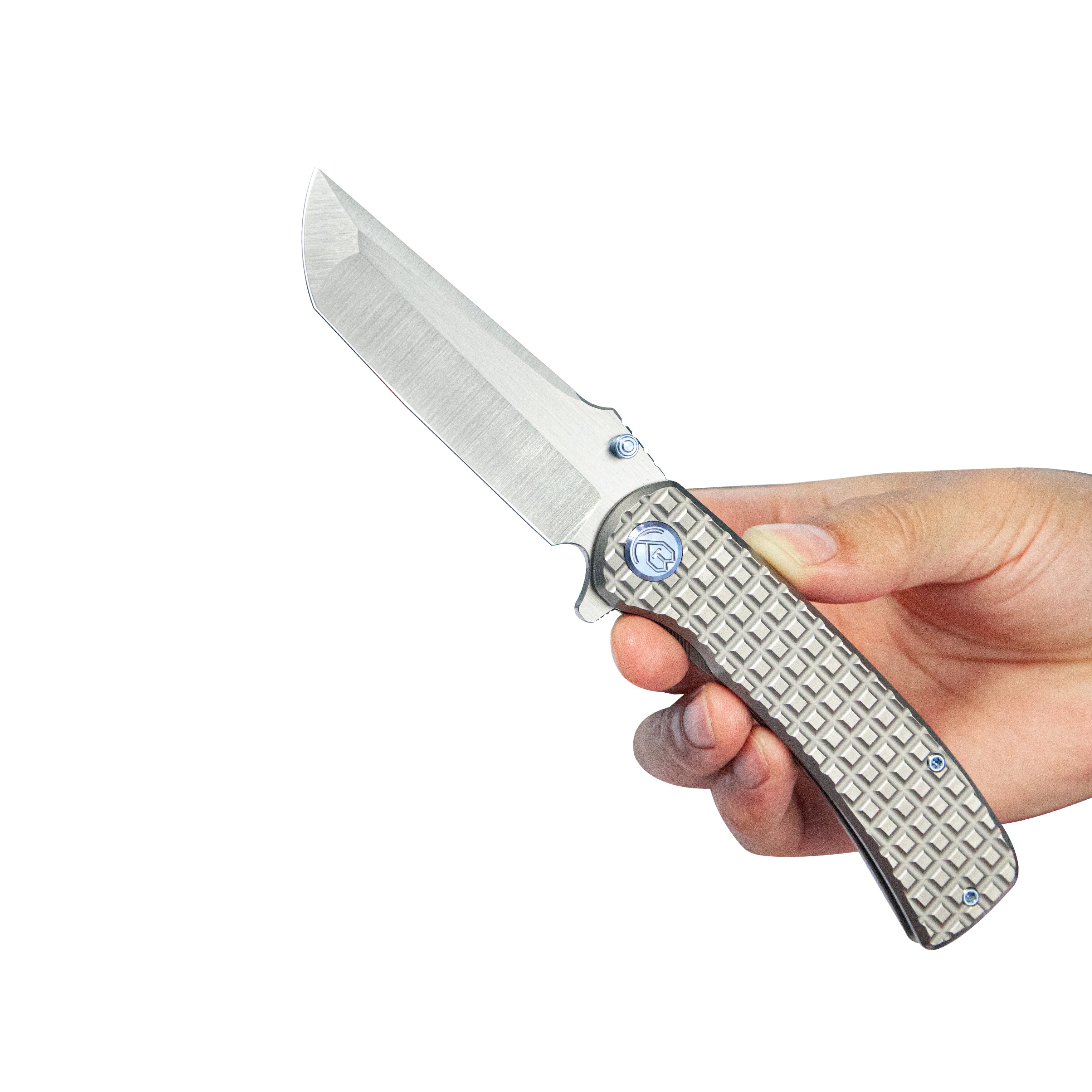 KB Interflow Folding Knife Gray Titanium with FRAG Milling Handle 3.50'' Belt Satin M390 Blade KB294A