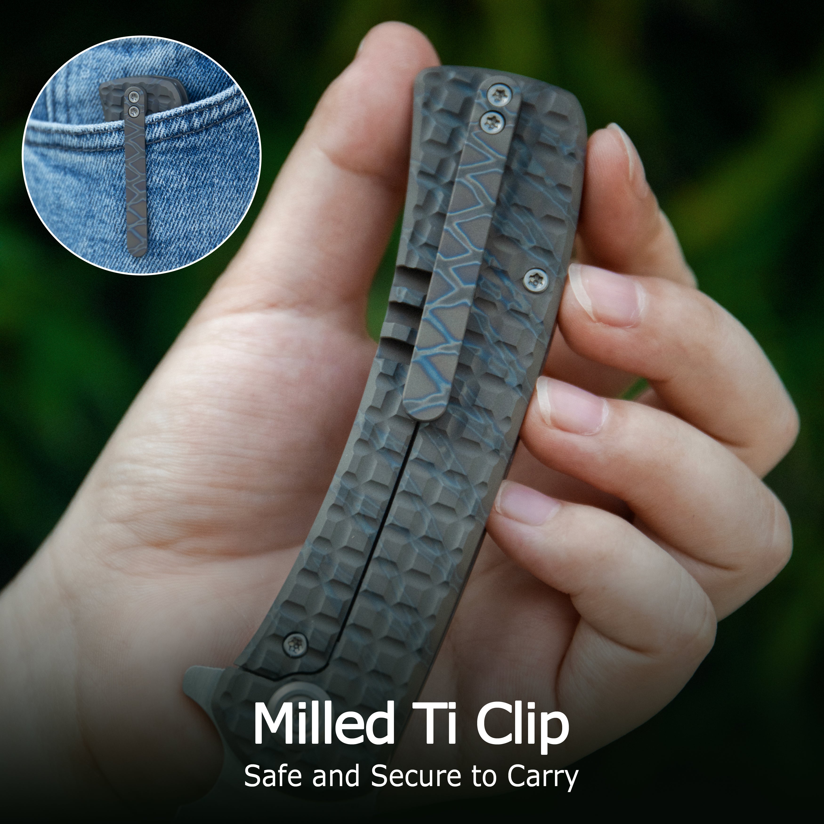 KB Interflow Folding Knife Flame Ano Titanium with FRAG Milling Handle 3.50'' Belt Satin M390 Blade KB294D