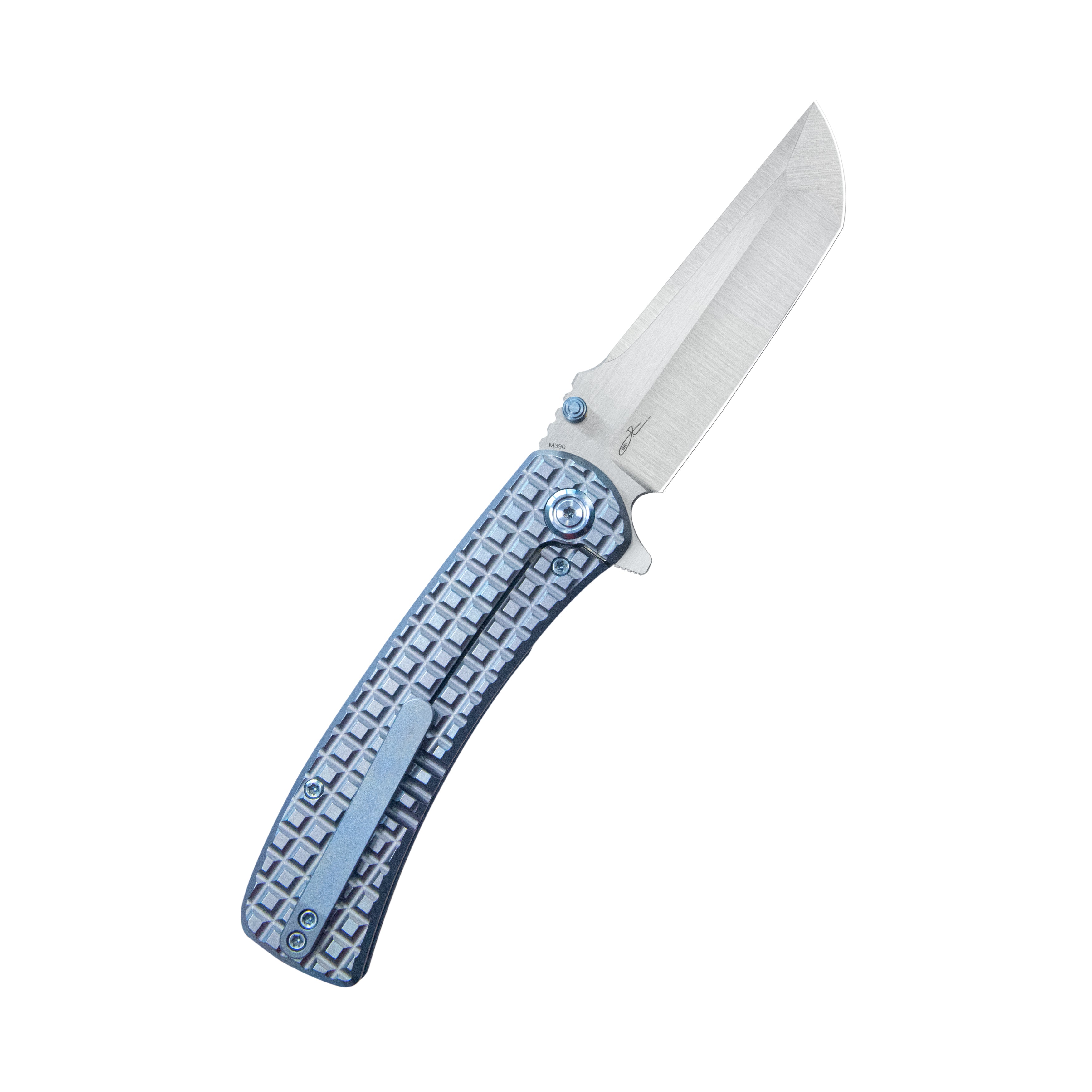 KB Interflow Folding Knife Folding Knife Blue Ano Titanium with FRAG Milling Handle 3.50" Belt Satin M390 Blade KB294B