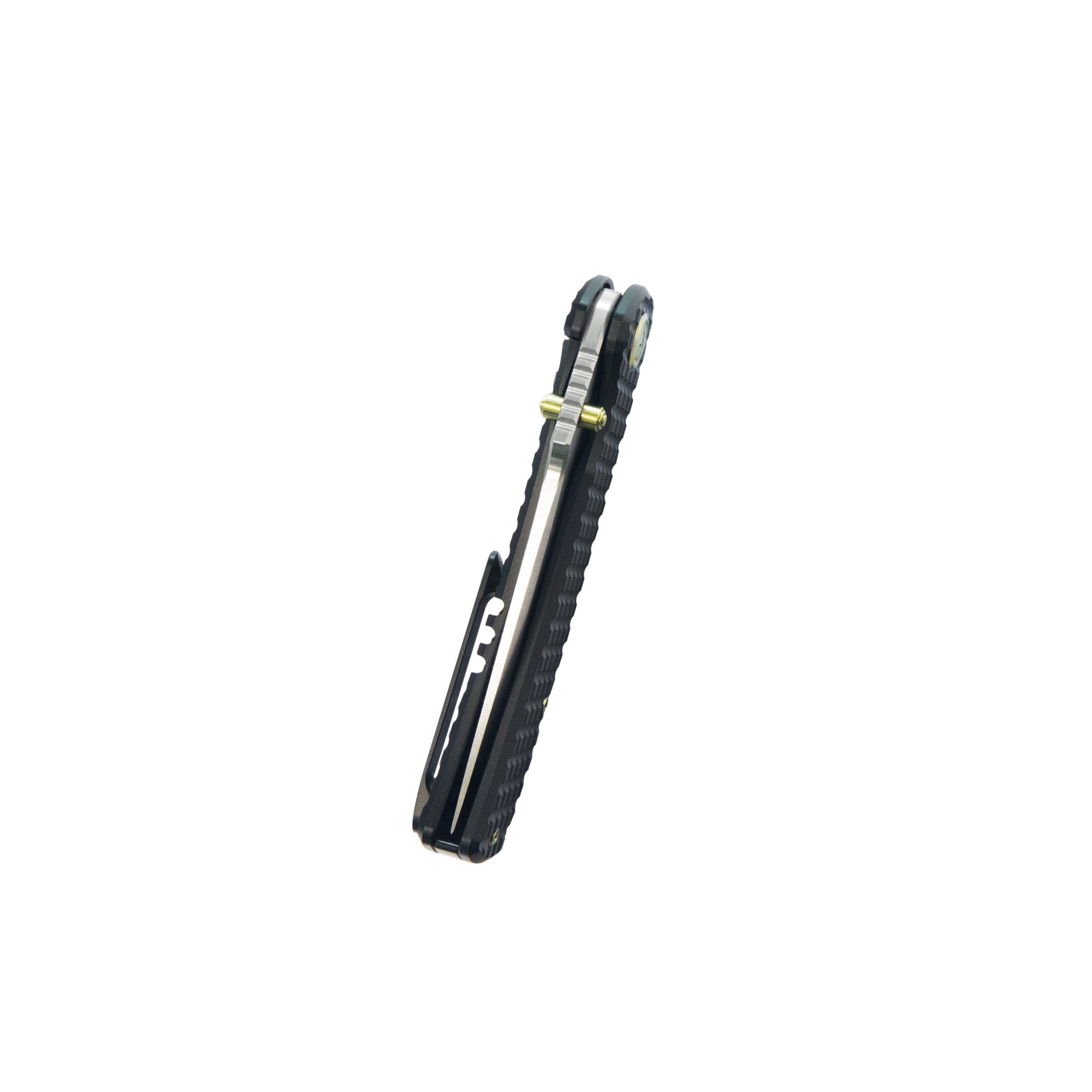 KB Interflow Folding Knife Black PVD Titanium with FRAG Milling Handle 3.50" Belt Satin M390 Blade KB294C