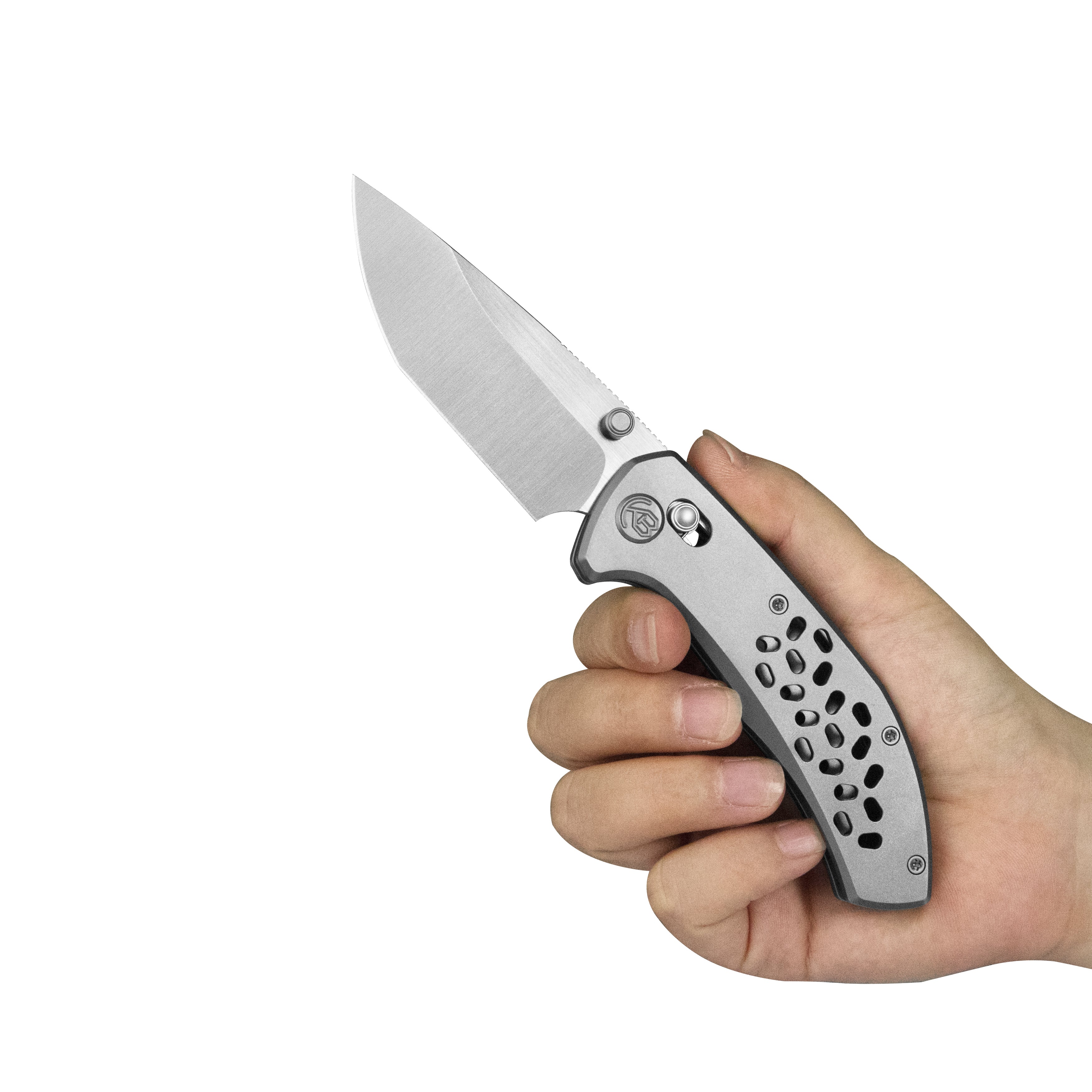 KB Trillium Folding Knife Grey Titanium Handle 3.11'' Belt Satin M390 Blade KB326A