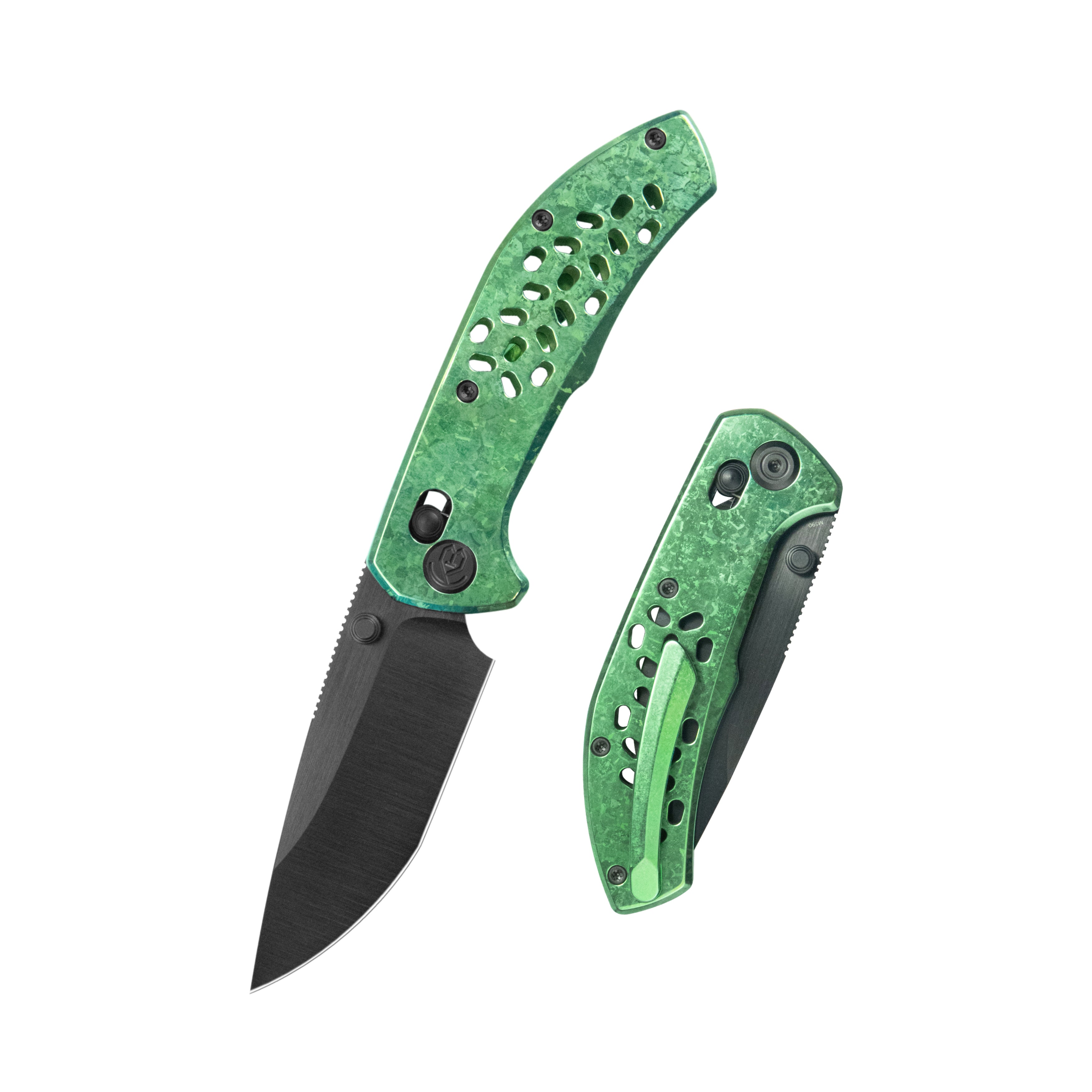 KB Trillium Folding Knife Green Ano Crystal Ti Handle 3.11'' DLC Belt Satin M390 Blade KB326D