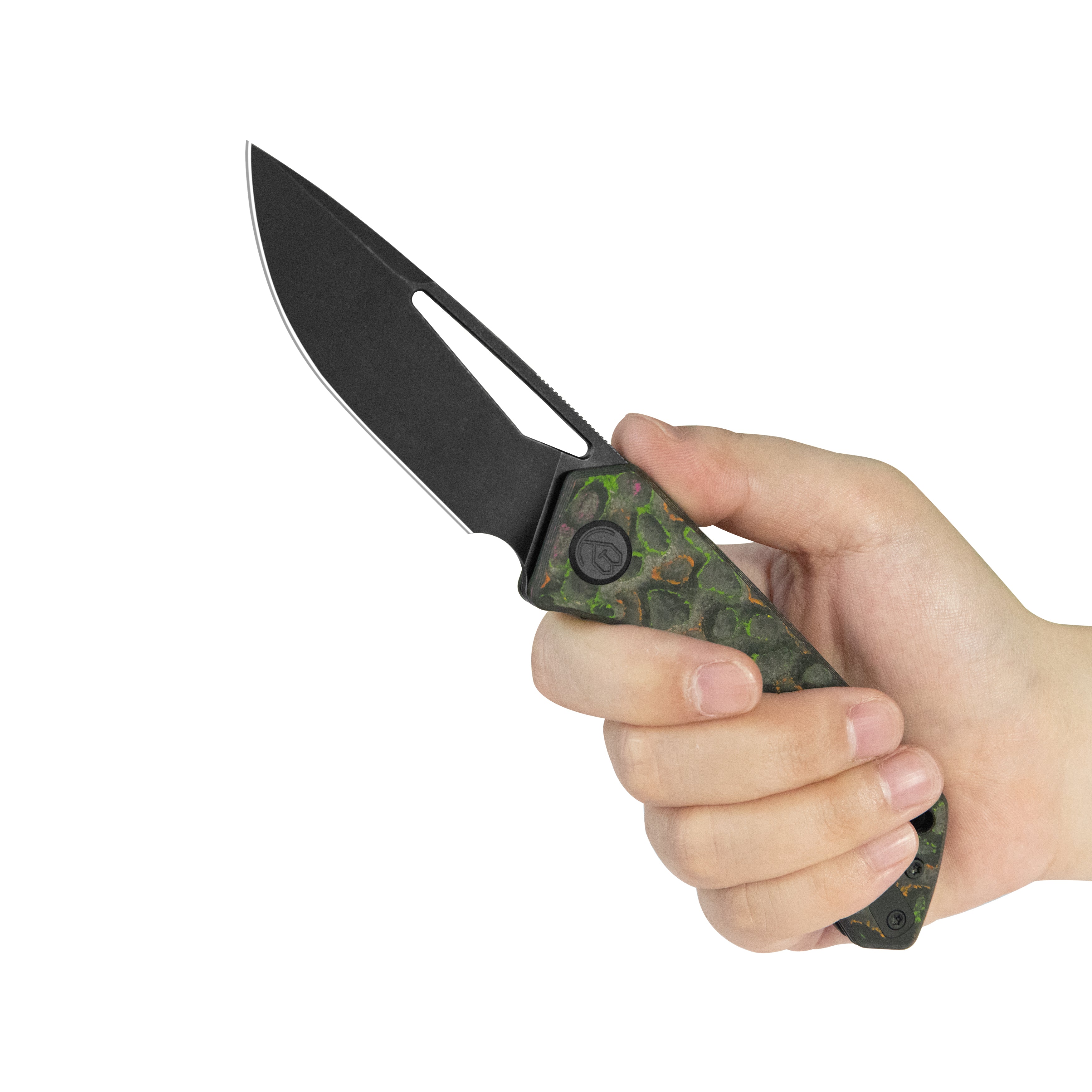 KB Thalia Pocket Folding Knife 80's Camo Carbon Handle 3.27'' Black PVD Stonewashing M390 Blade KB331A