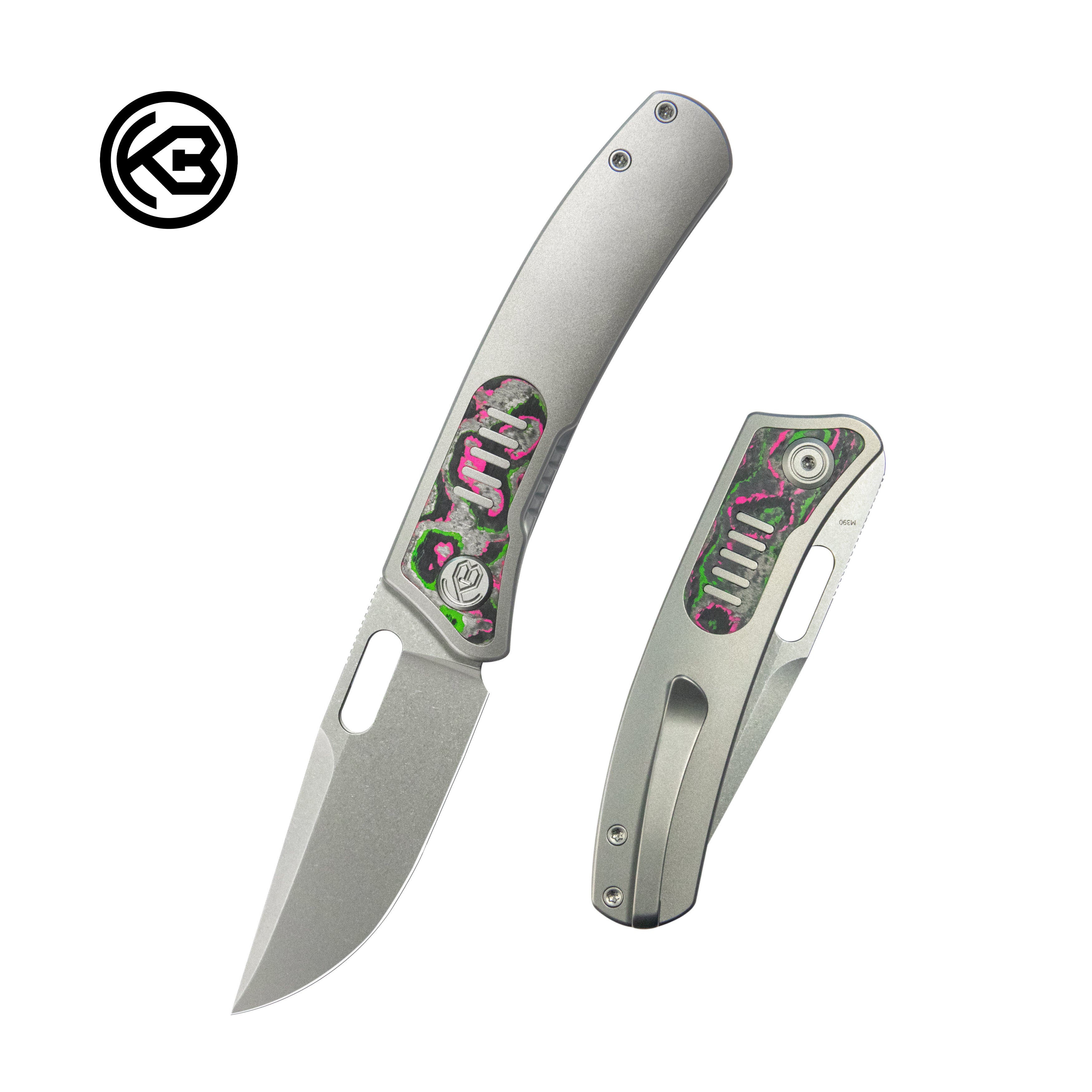 Common Thread Liner Lock Folding Knife Gray Ti w/ Watermelon Sugar CF Inlays 3.35'' M390 Blade KB377B