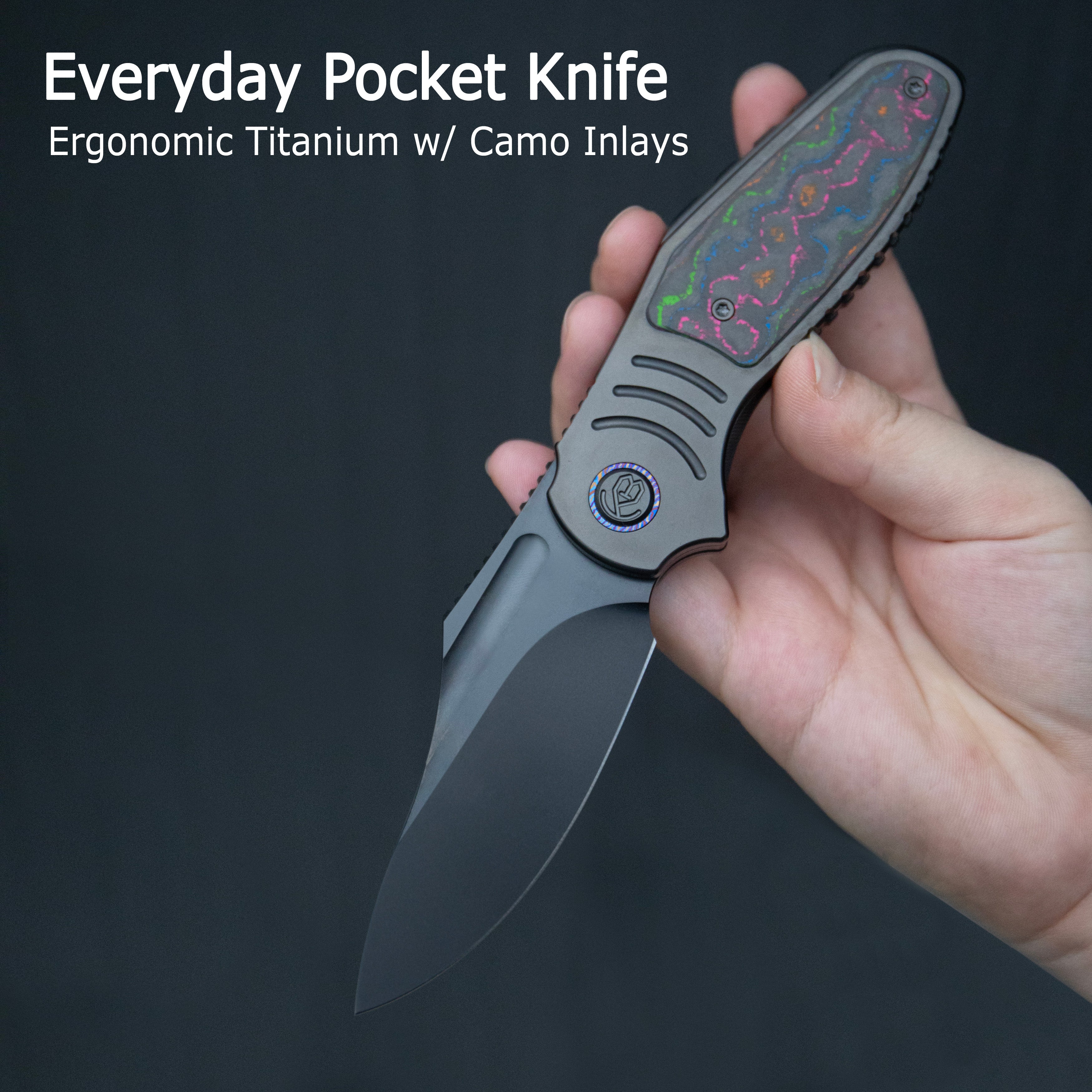 KB Stroller Folding Knife Gray Titanium/CF Inlays Handle 3.35" Darkwash CPM 20CV Blade KB384B