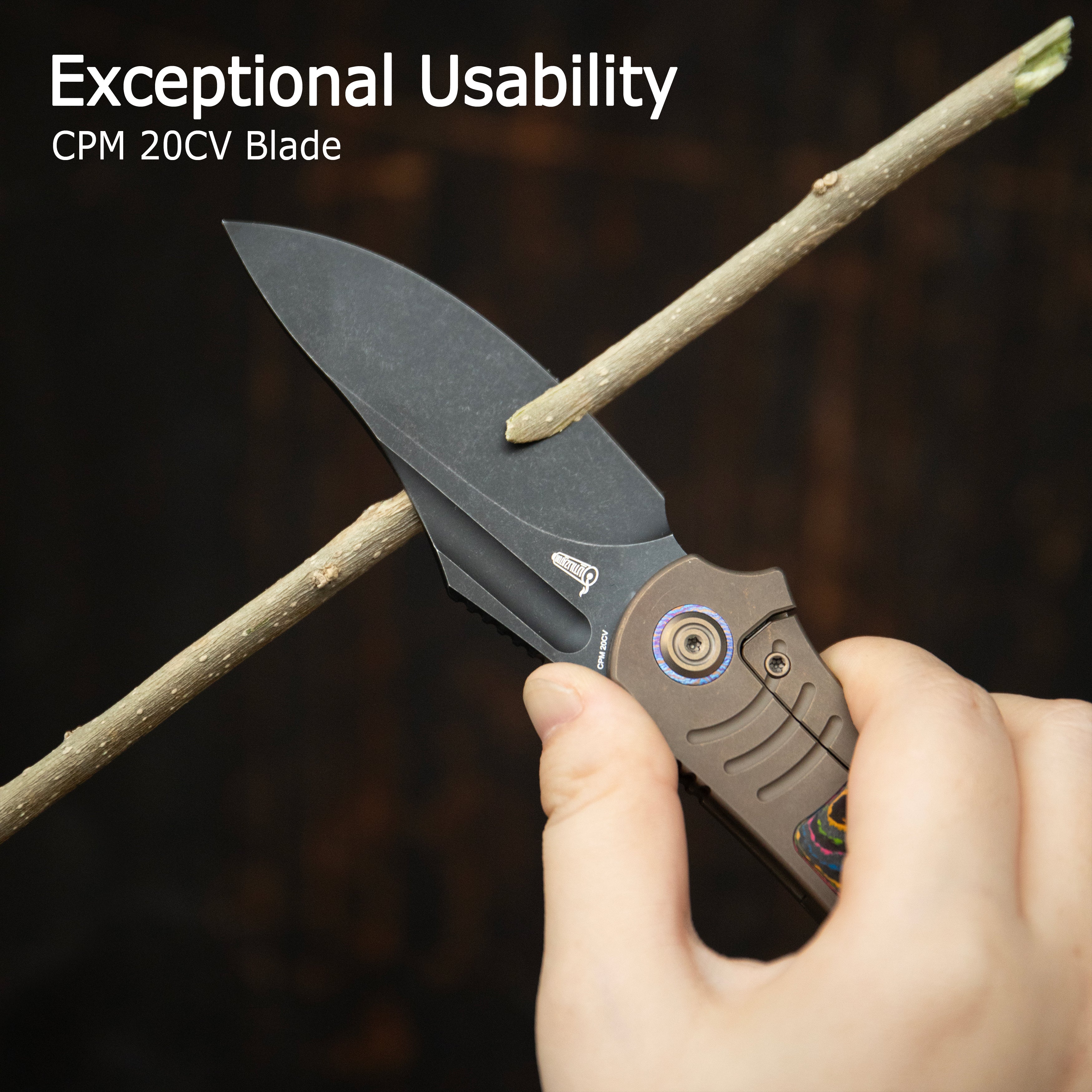 KB Stroller Folding Knife Gray Titanium/CF Inlays Handle 3.35" Darkwash CPM 20CV Blade KB384B