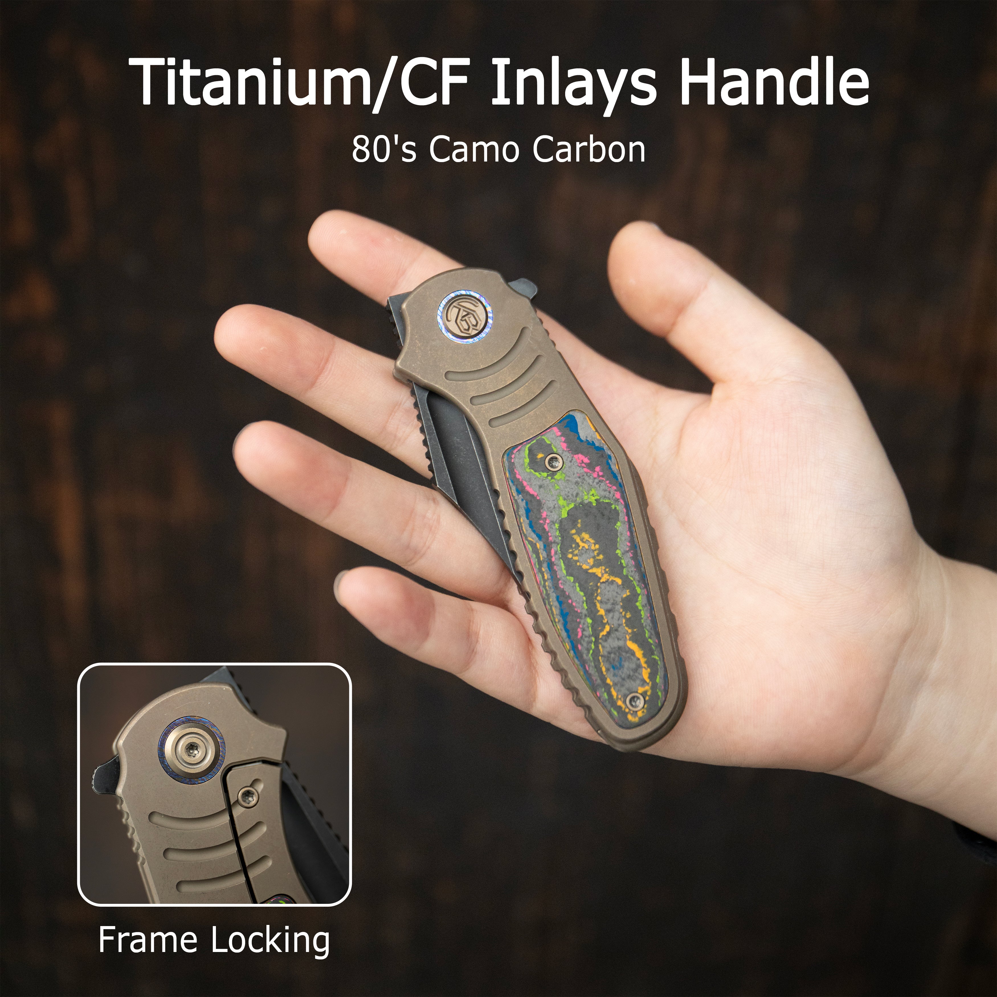 KB Stroller Folding Knife Gray Titanium/CF Inlays Handle 3.35" Darkwash CPM 20CV Blade KB384B