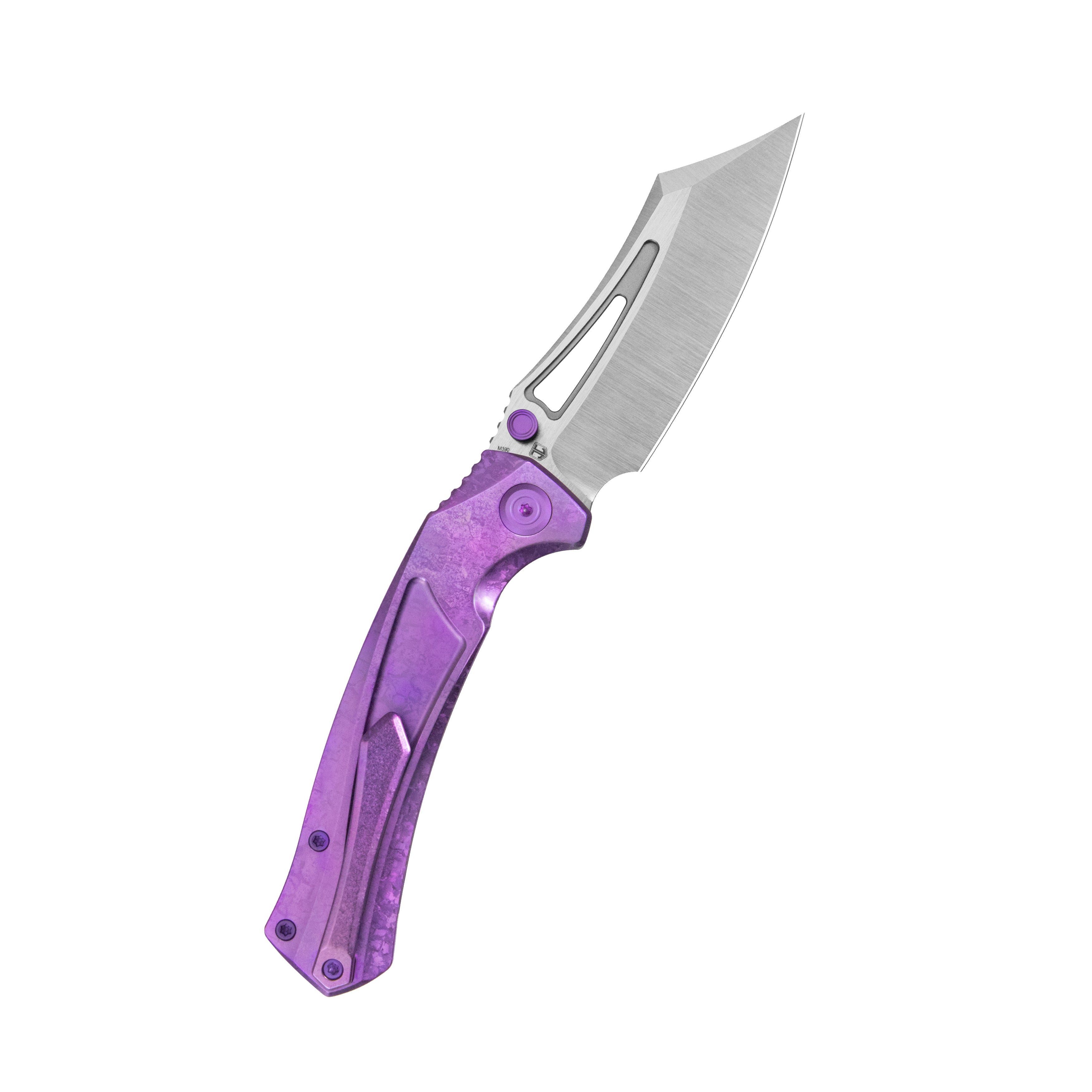 KB Pirate Folding Knife Purple Ano Crystallized Titanium Handle 3.46" Belt Satin M390 Blade KB398D