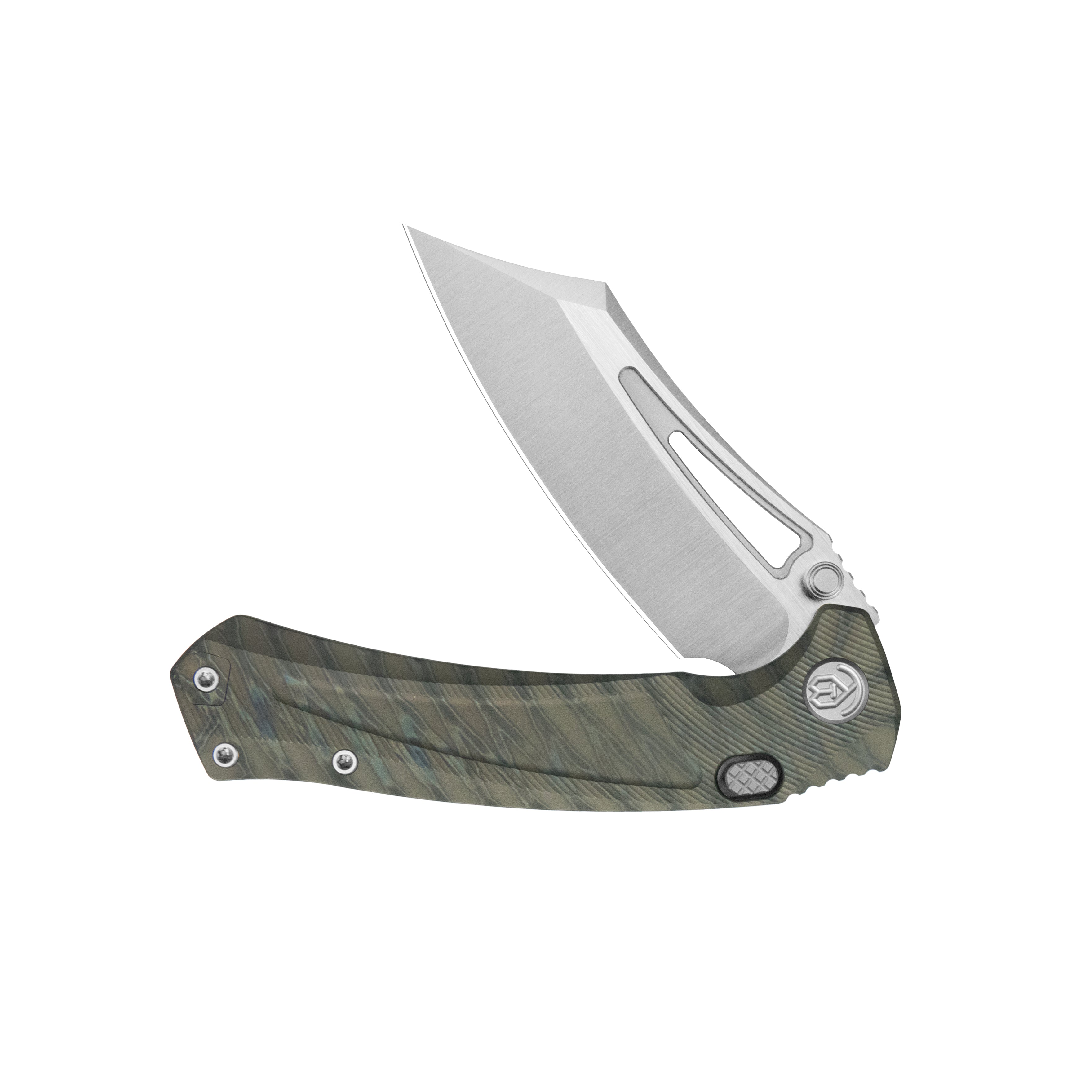 KB Pirate Folding Knife Flame Ano Titanium Handle 3.46" Belt Satin M390 Blade KB398B