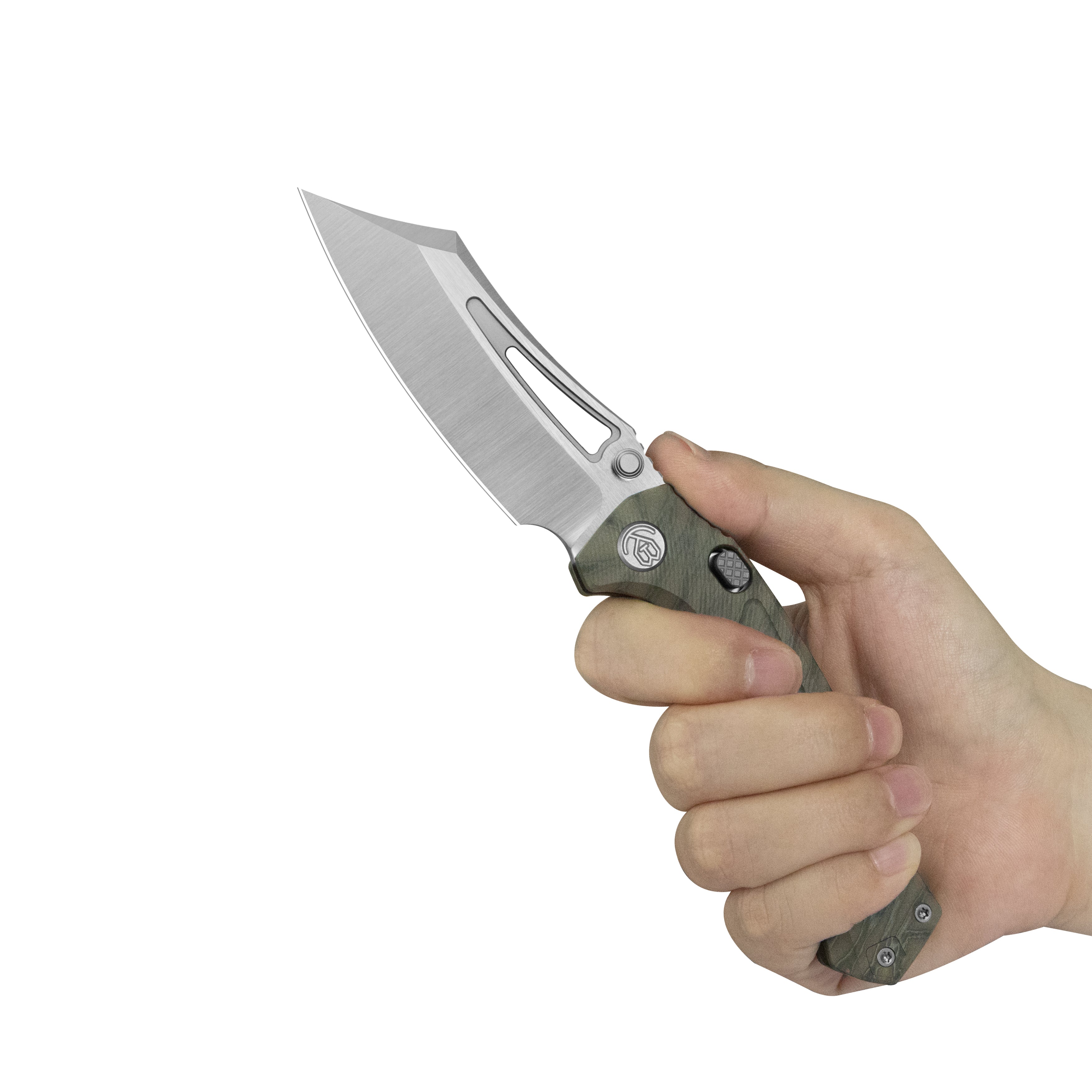 KB Pirate Folding Knife Flame Ano Titanium Handle 3.46" Belt Satin M390 Blade KB398B