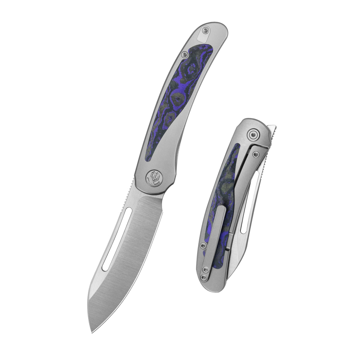 KB Finesse Folding Knife Sandblasting Titanium with Purple Carbon inlay Handle 3.54" Belt Satin Bohler M390 Blade KB399A