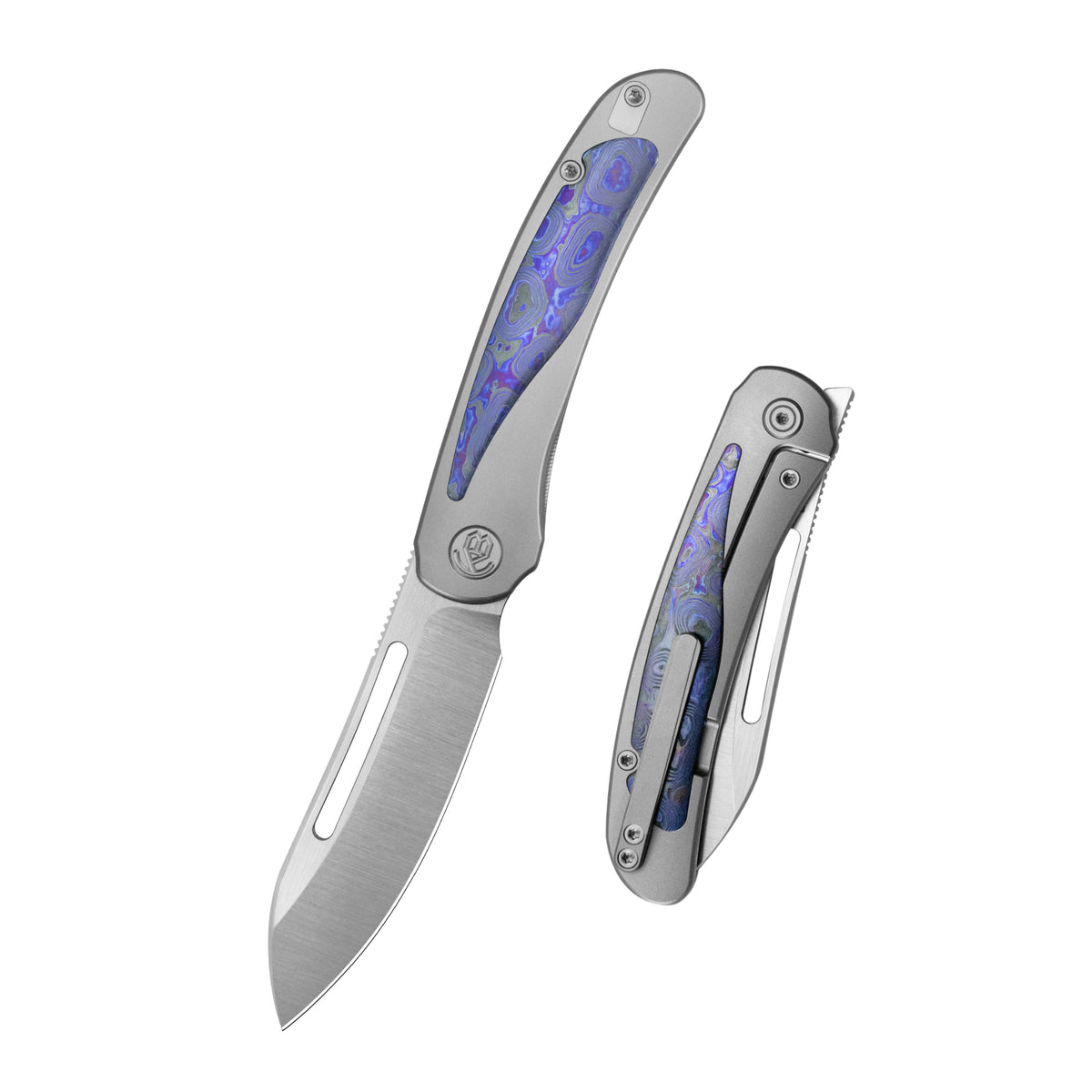 KB Finesse Folding Knife Sandblasting Titanium with Zircuti inlay Handle 3.54" Belt Satin Bohler M390 Blade KB399C