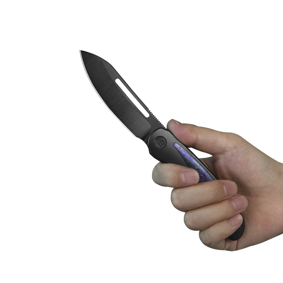 KB Finesse Folding Knife DLC Titanium with Zircuti inlay Handle 3.54" DLC Belt Satin Bohler M390 Blade KB399D