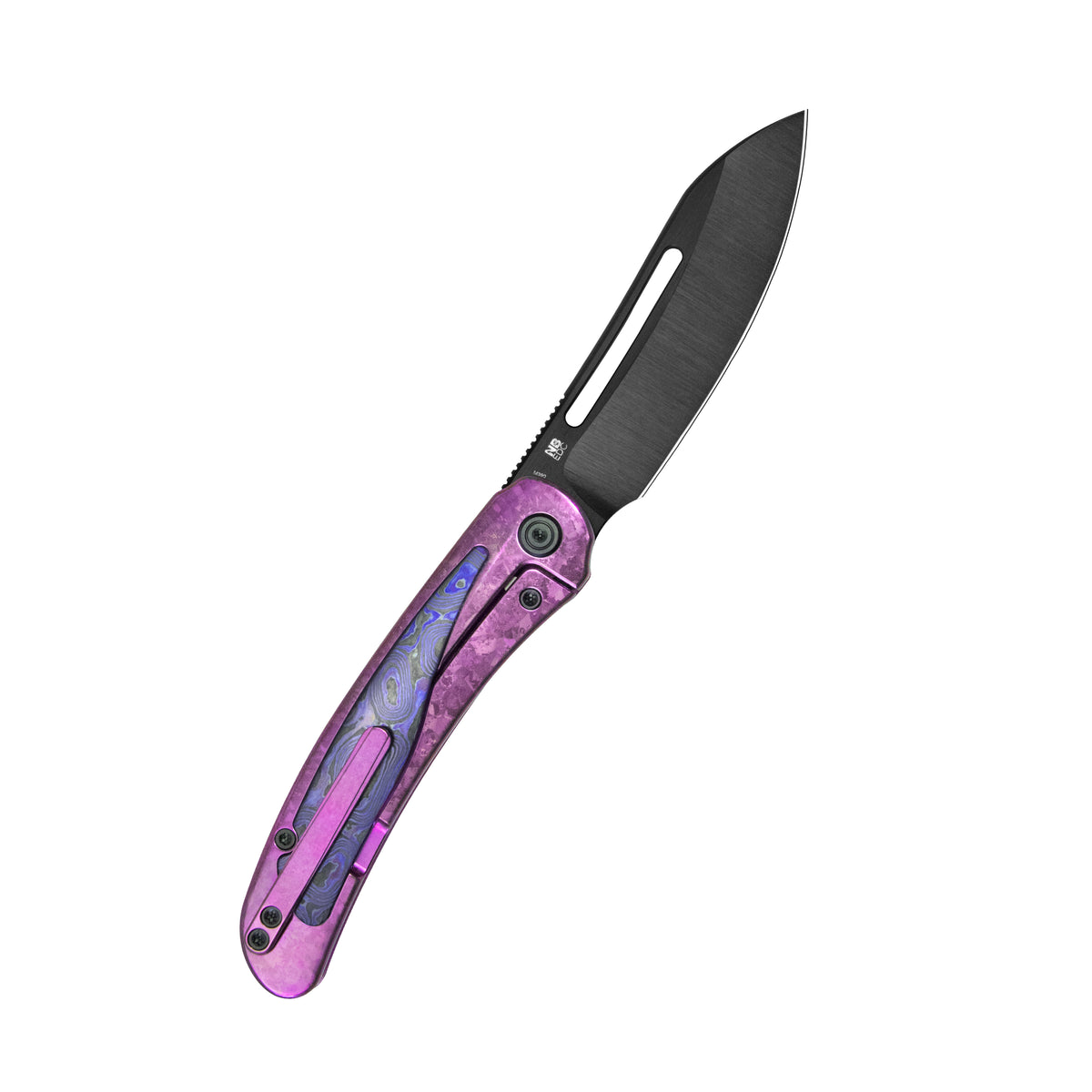KB Finesse Folding Knife Purple Ano Crystallized Titanium with Zircuti inlay Handle 3.54" DLC Belt Satin Bohler M390 Blade KB399E
