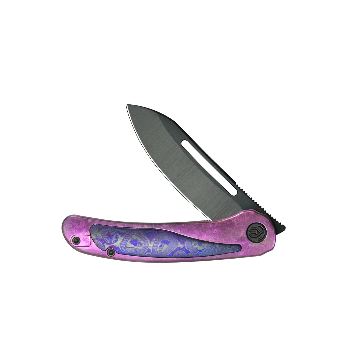 KB Finesse Folding Knife Purple Ano Crystallized Titanium with Zircuti inlay Handle 3.54" DLC Belt Satin Bohler M390 Blade KB399E